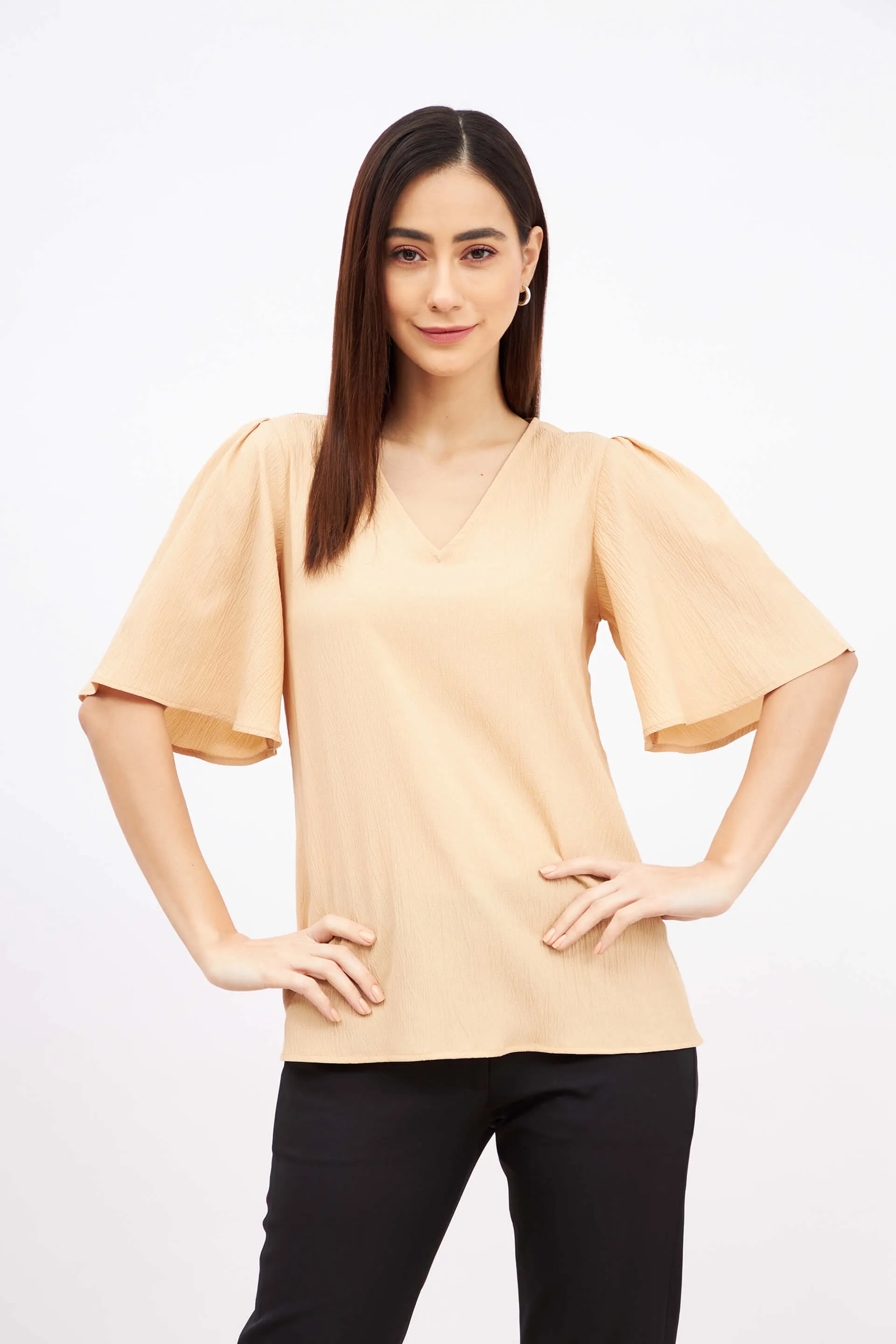 Mandarin Margarita Flutter Sleeves Top - Beige sold by Salt Attire product image thumbnail 2