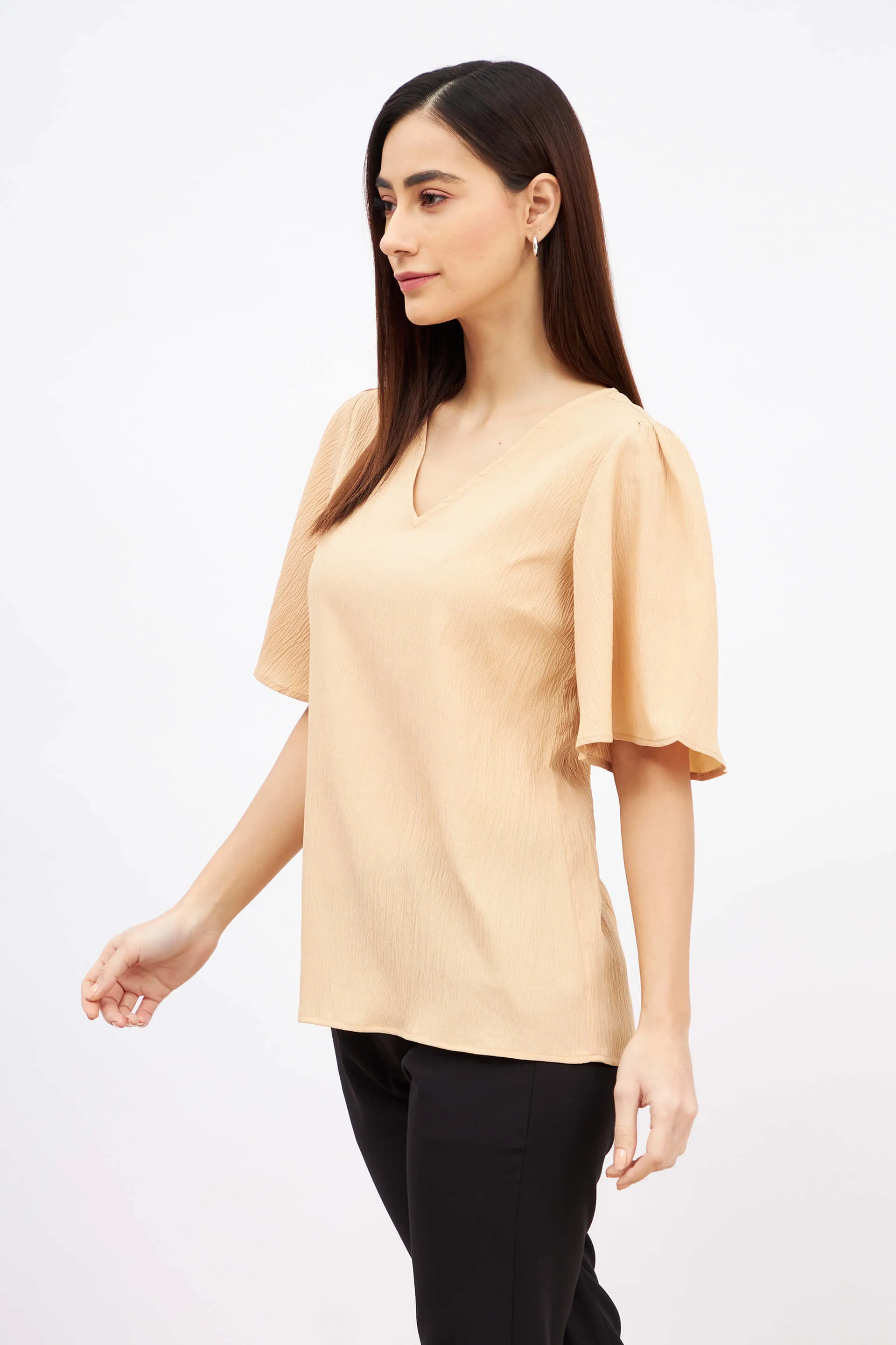 Mandarin Margarita Flutter Sleeves Top - Beige sold by Salt Attire product image thumbnail 3