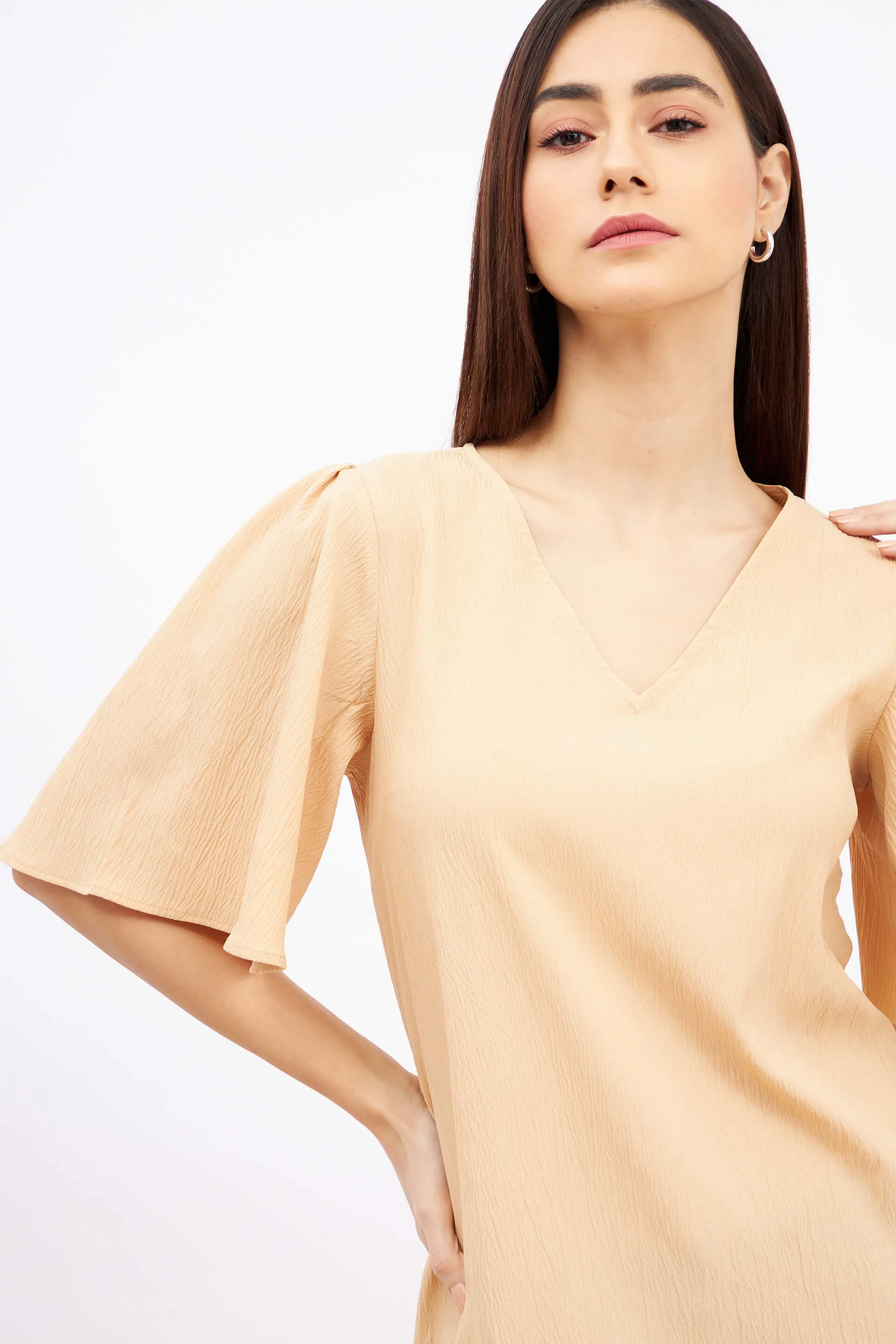 Mandarin Margarita Flutter Sleeves Top - Beige sold by Salt Attire