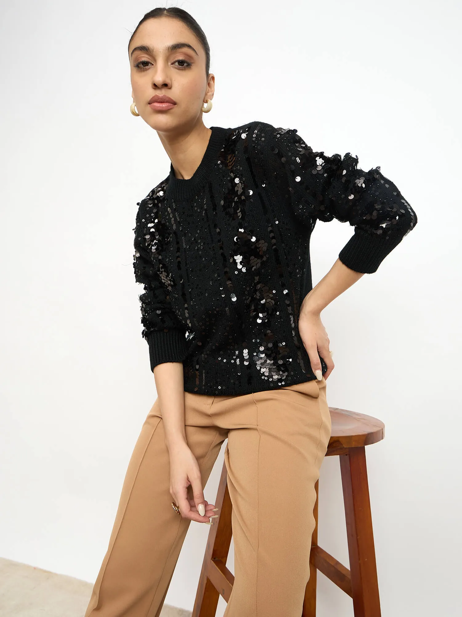 Starry Embellished Round Neck Sweater - Black sold by Salt Attire product image thumbnail 2