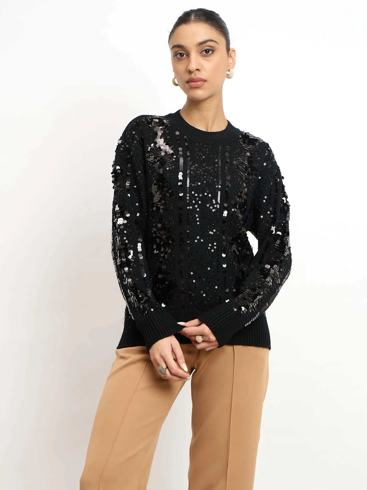 Starry Embellished Round Neck Sweater - Black sold by Salt Attire