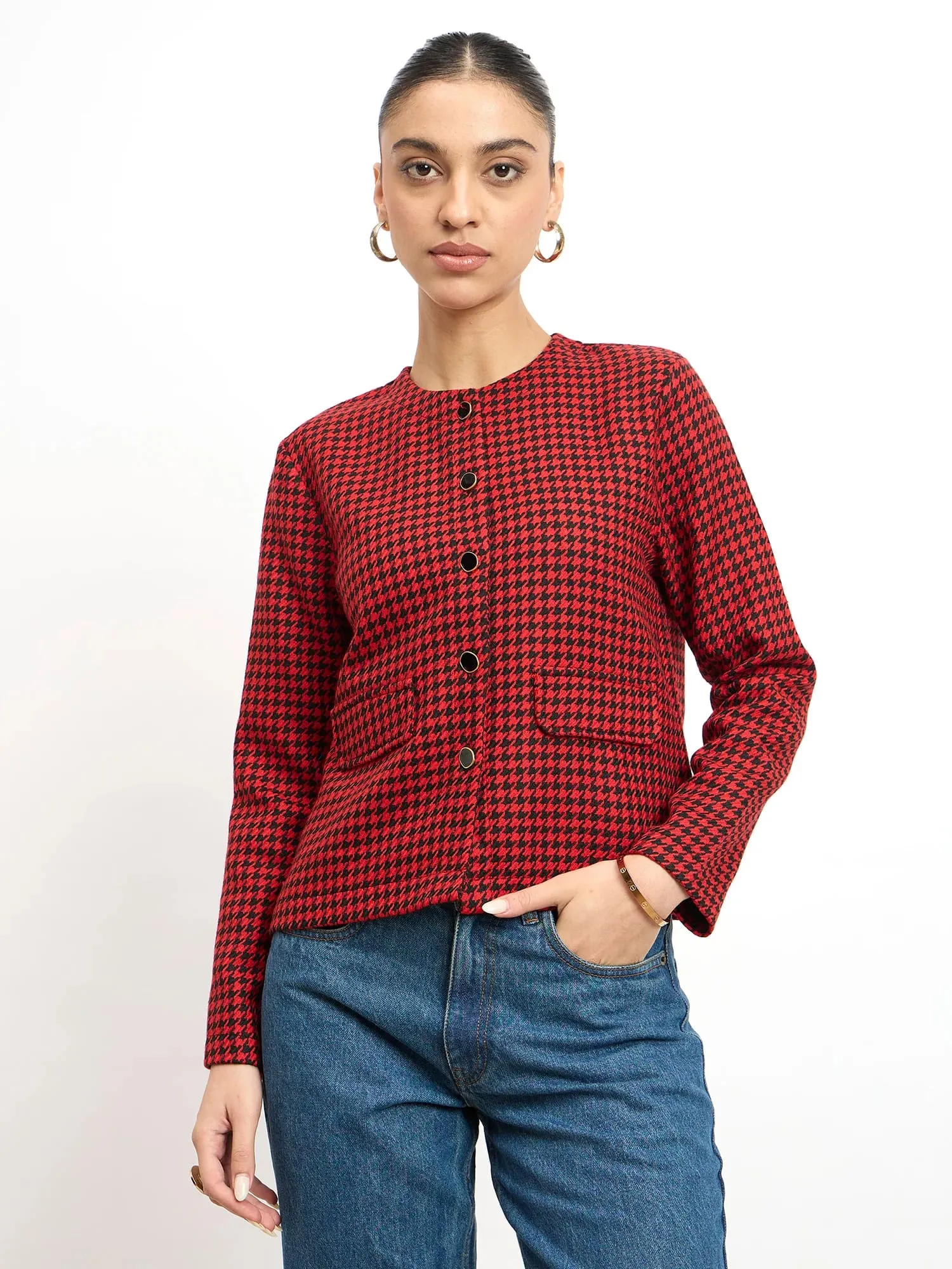 Susie Button Down Short Jacket -Black & Red sold by Salt Attire