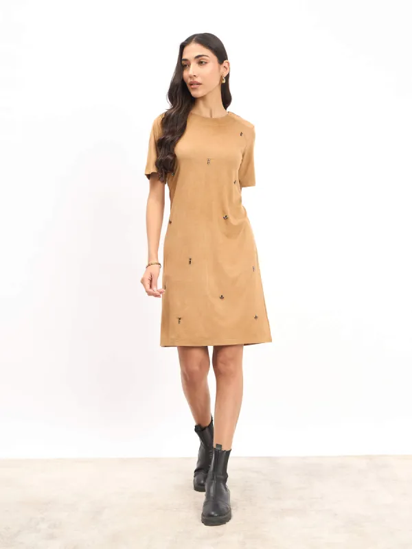Macy Embellished Shift Dress - Camel/Beige sold by Salt Attire