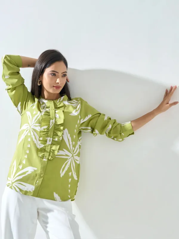Flee Half Placket Ruffle Detail Top - Green sold by Salt Attire