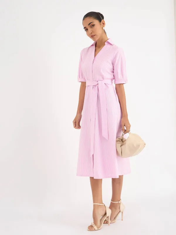 Sommer Stripes Belted Shirt Dress - Pink sold by Salt Attire