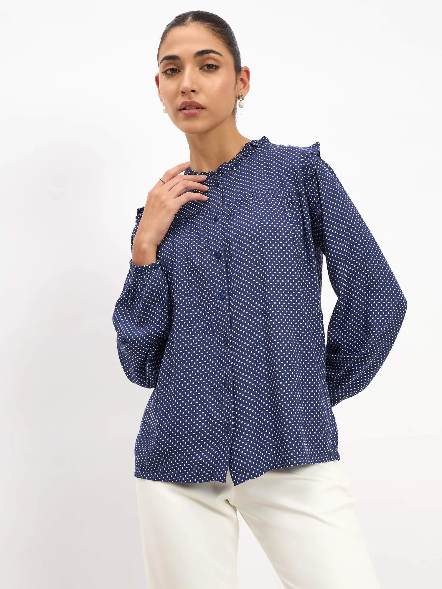 Rosy Polka Ruffled Neckline Top - Navy Blue sold by Salt Attire