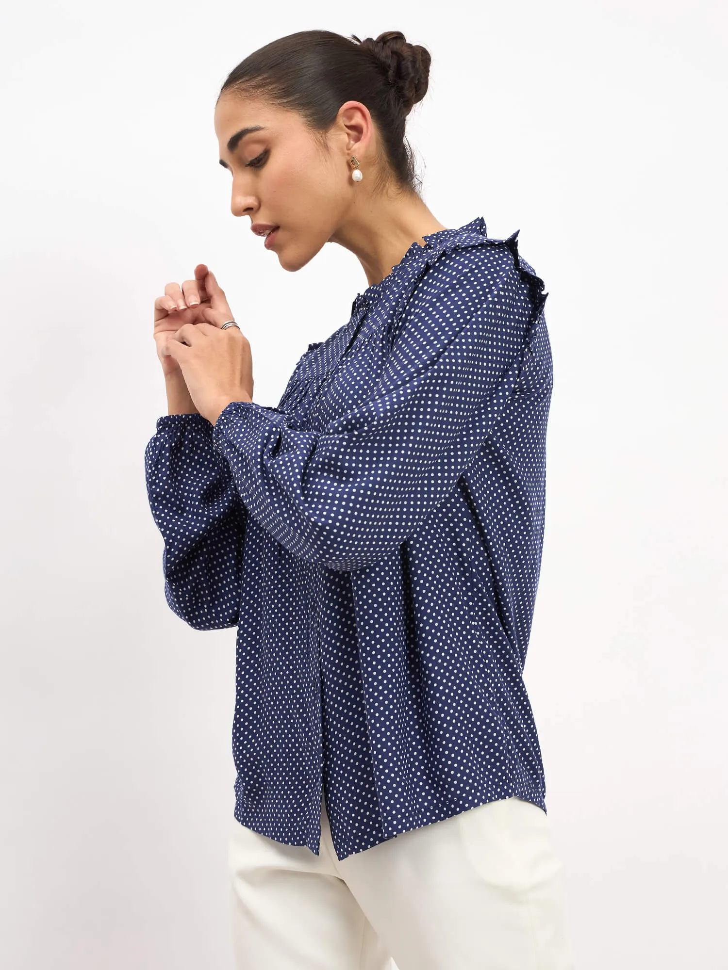 Rosy Polka Ruffled Neckline Top - Navy Blue sold by Salt Attire product image thumbnail 5