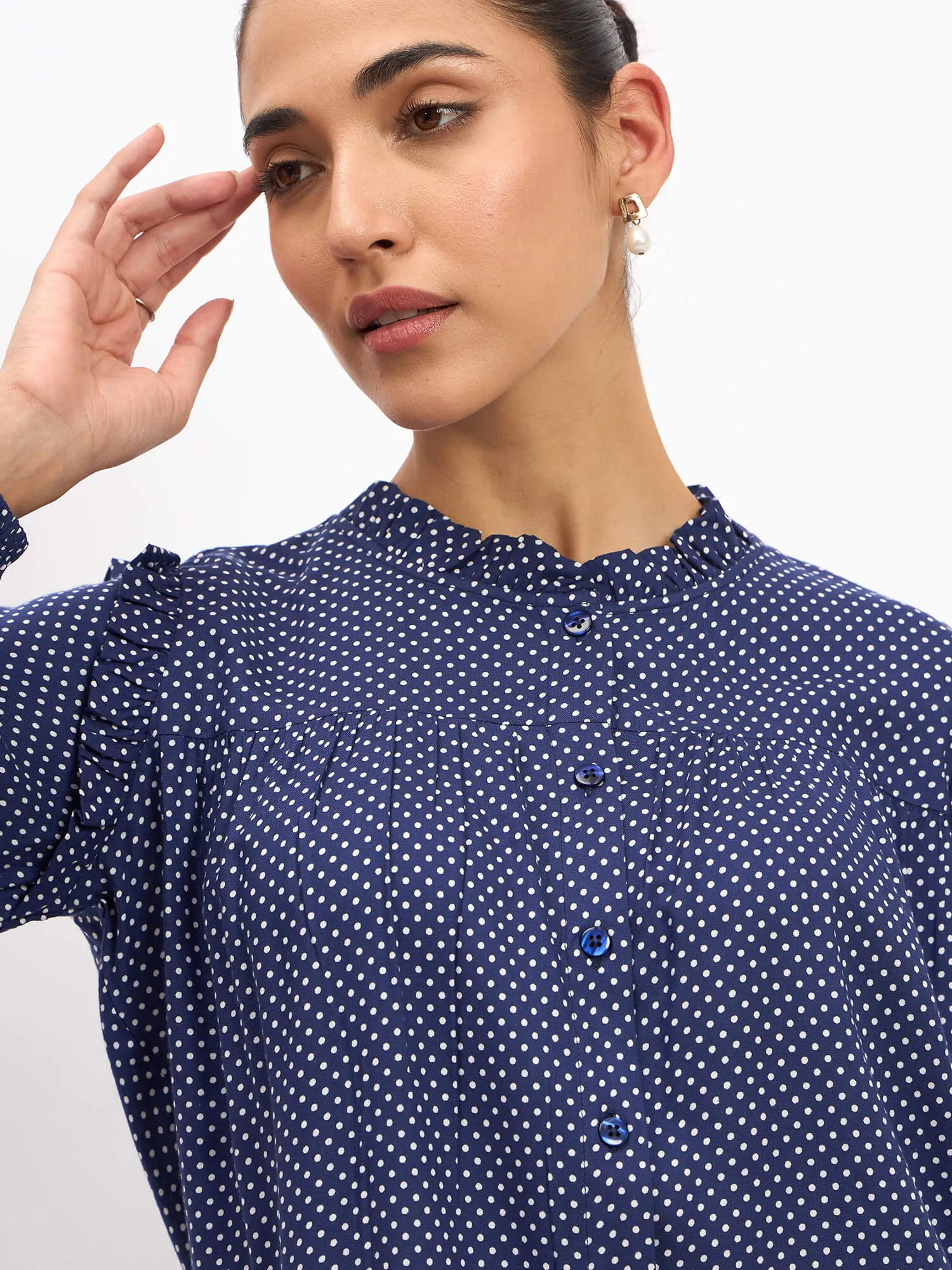 Rosy Polka Ruffled Neckline Top - Navy Blue sold by Salt Attire product image thumbnail 2
