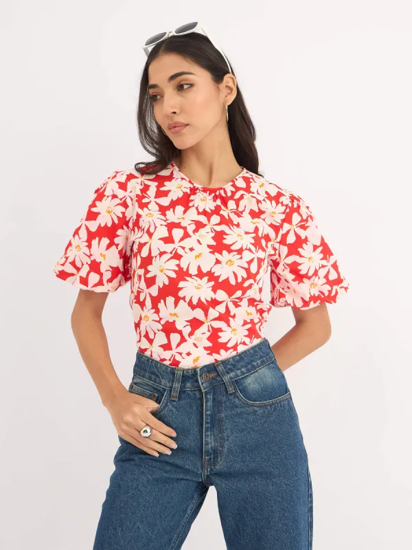 Myla Floral Pleated Neck Puff Sleeve Top - Red sold by Salt Attire