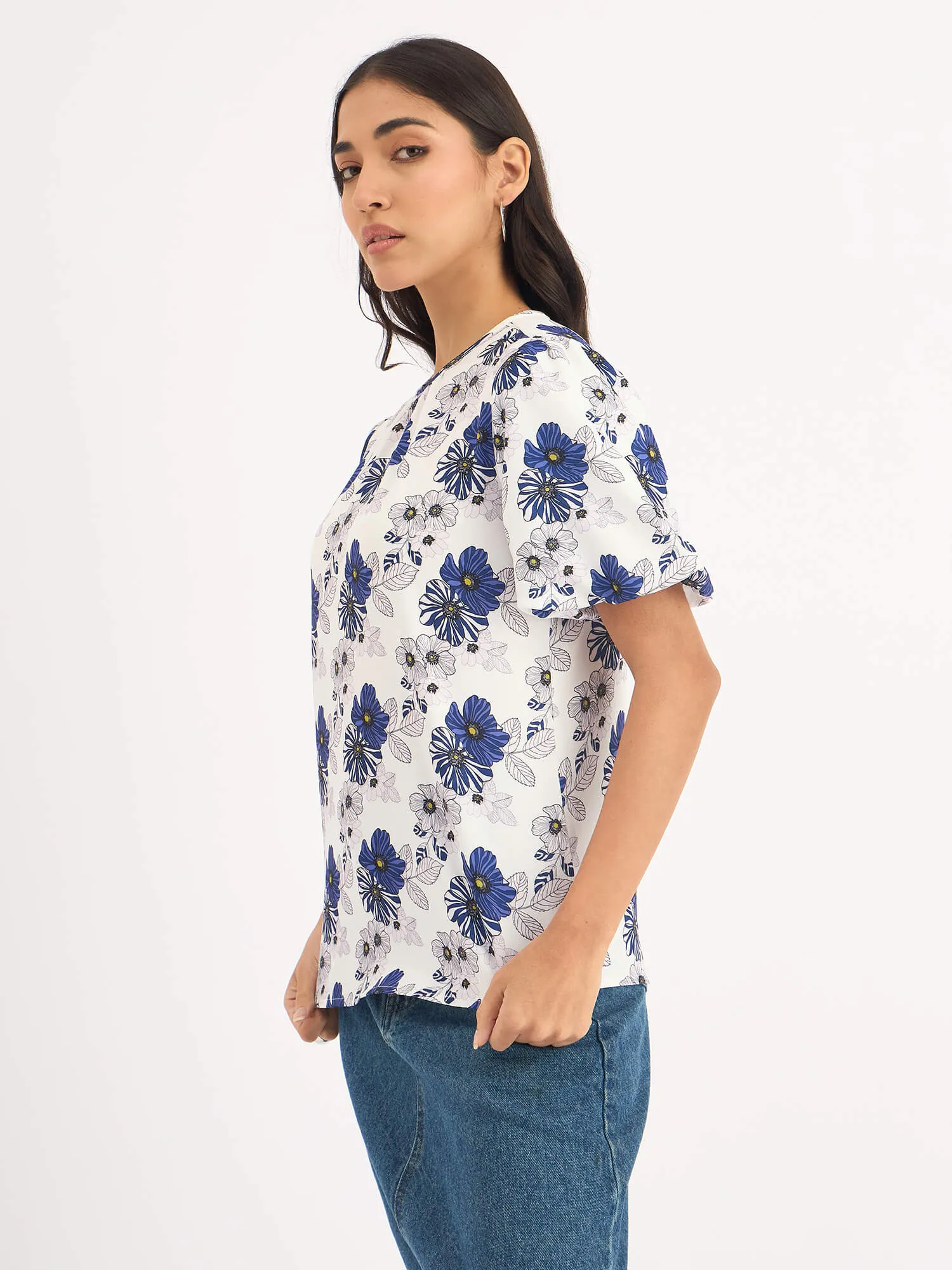Myla-Blue Pansies Pleated Neck Puff Sleeve Top - Blue sold by Salt Attire product image thumbnail 3