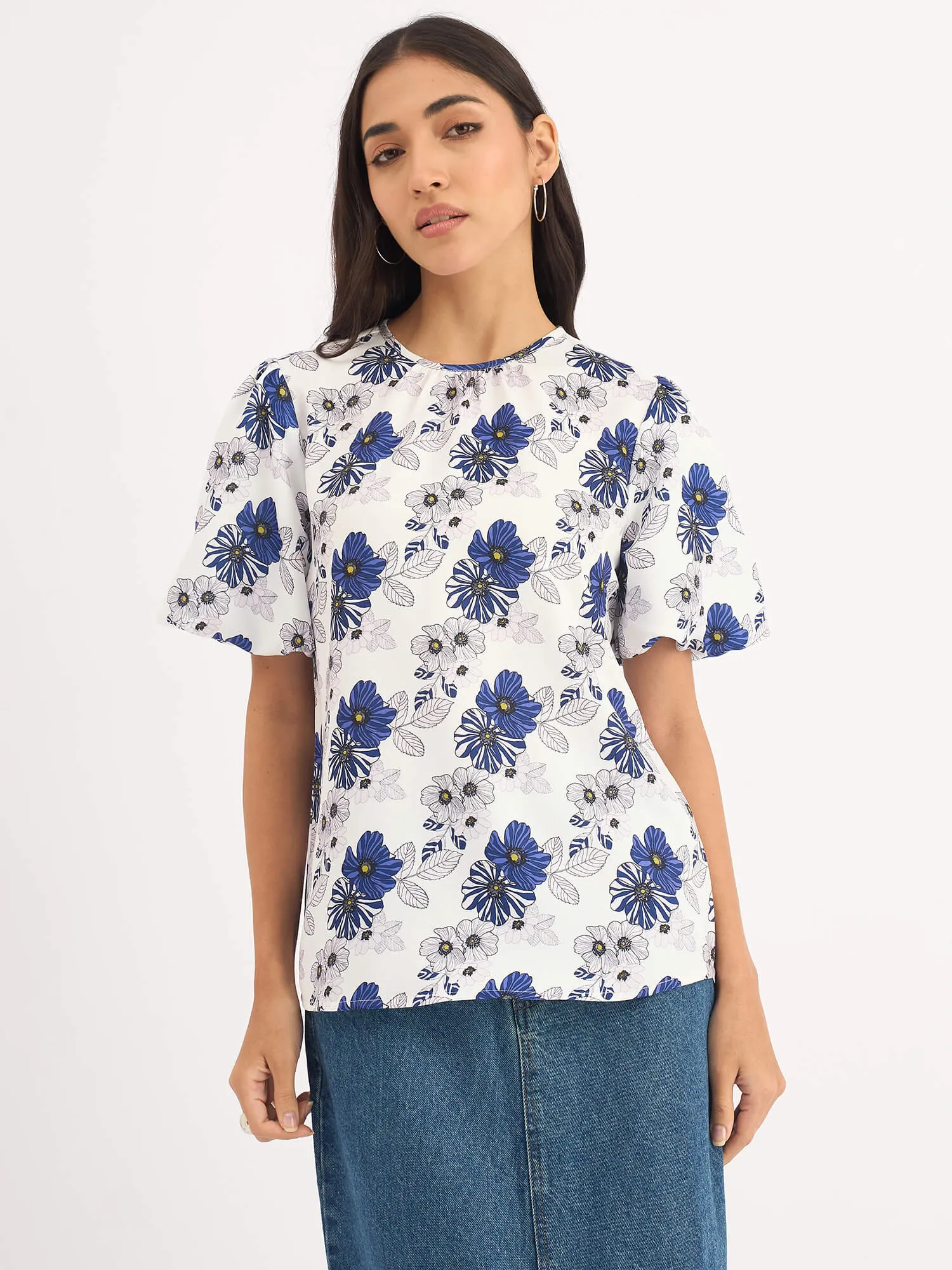 Myla-Blue Pansies Pleated Neck Puff Sleeve Top - Blue sold by Salt Attire product image thumbnail 4