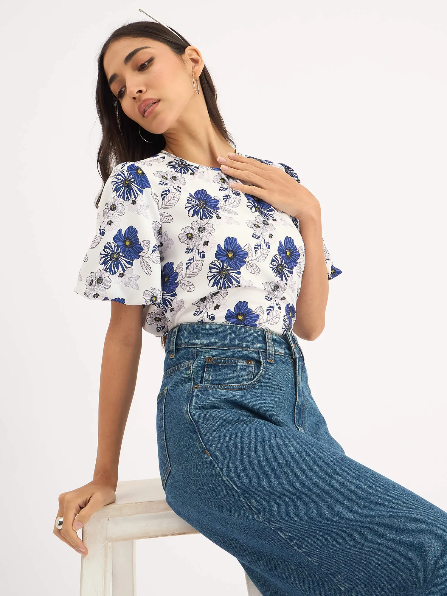 Myla-Blue Pansies Pleated Neck Puff Sleeve Top - Blue sold by Salt Attire