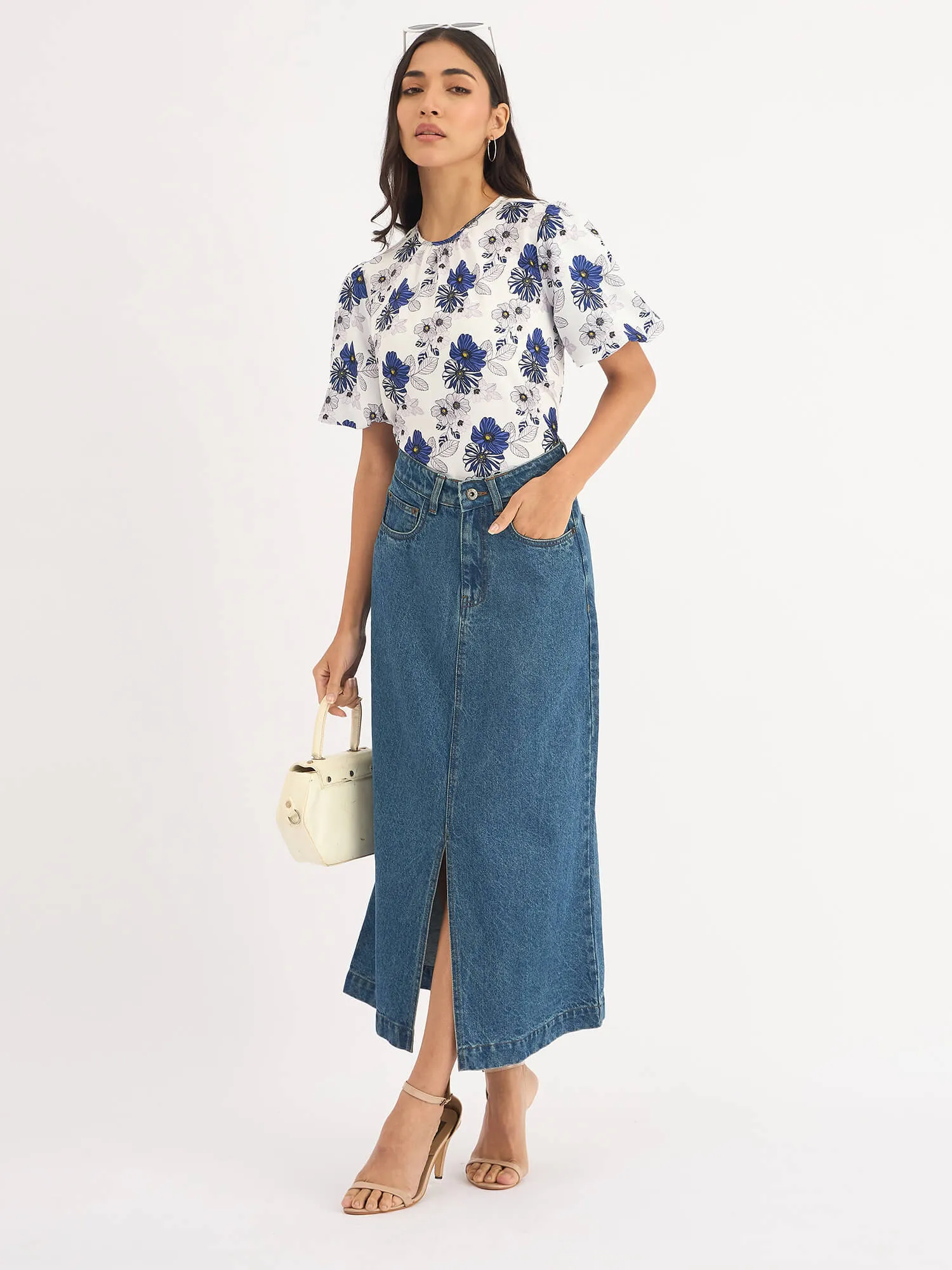 Myla-Blue Pansies Pleated Neck Puff Sleeve Top - Blue sold by Salt Attire product image thumbnail 5