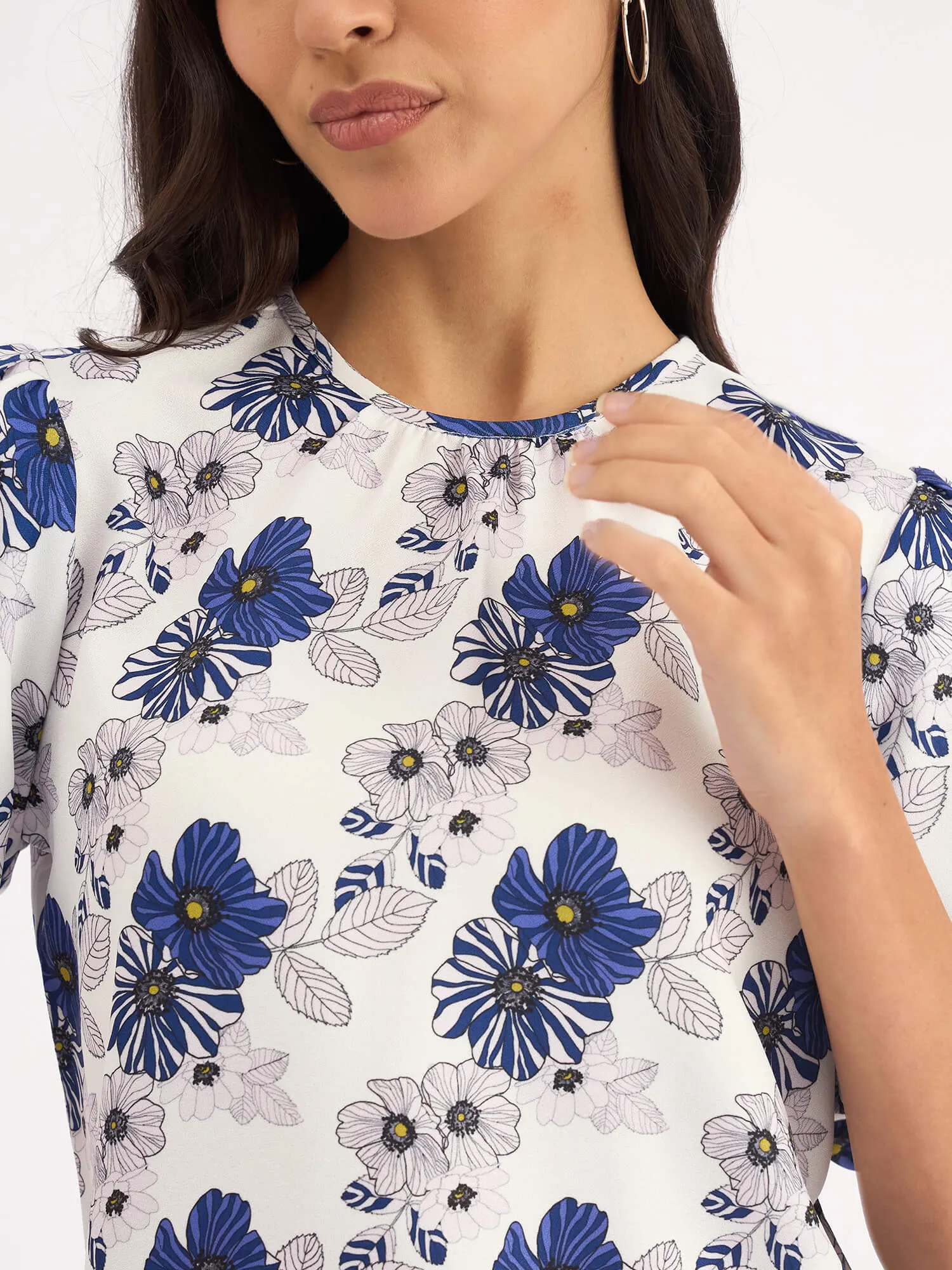 Myla-Blue Pansies Pleated Neck Puff Sleeve Top - Blue sold by Salt Attire product image thumbnail 2