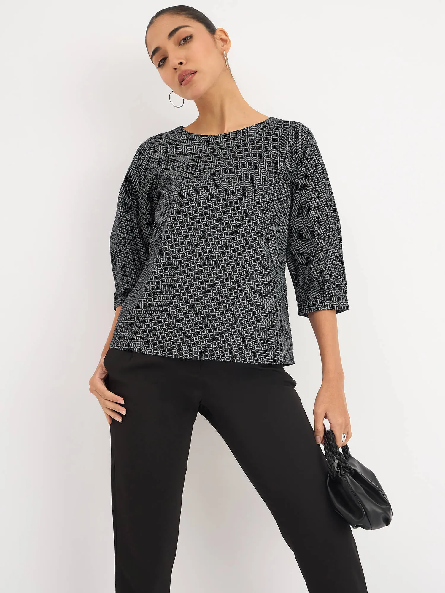 Nectarine Puffed Sleeves Top - Black Geo sold by Salt Attire product image thumbnail 3
