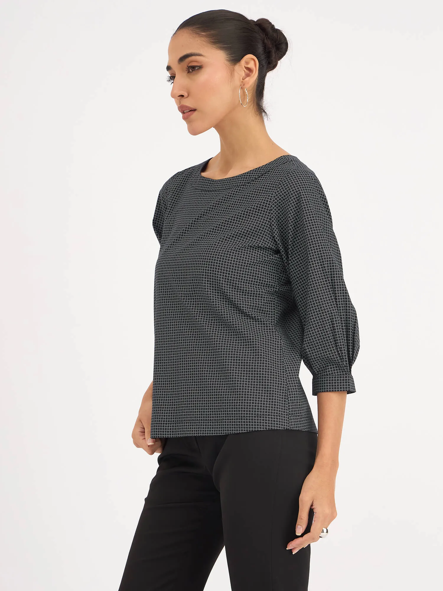 Nectarine Puffed Sleeves Top - Black Geo sold by Salt Attire product image thumbnail 4