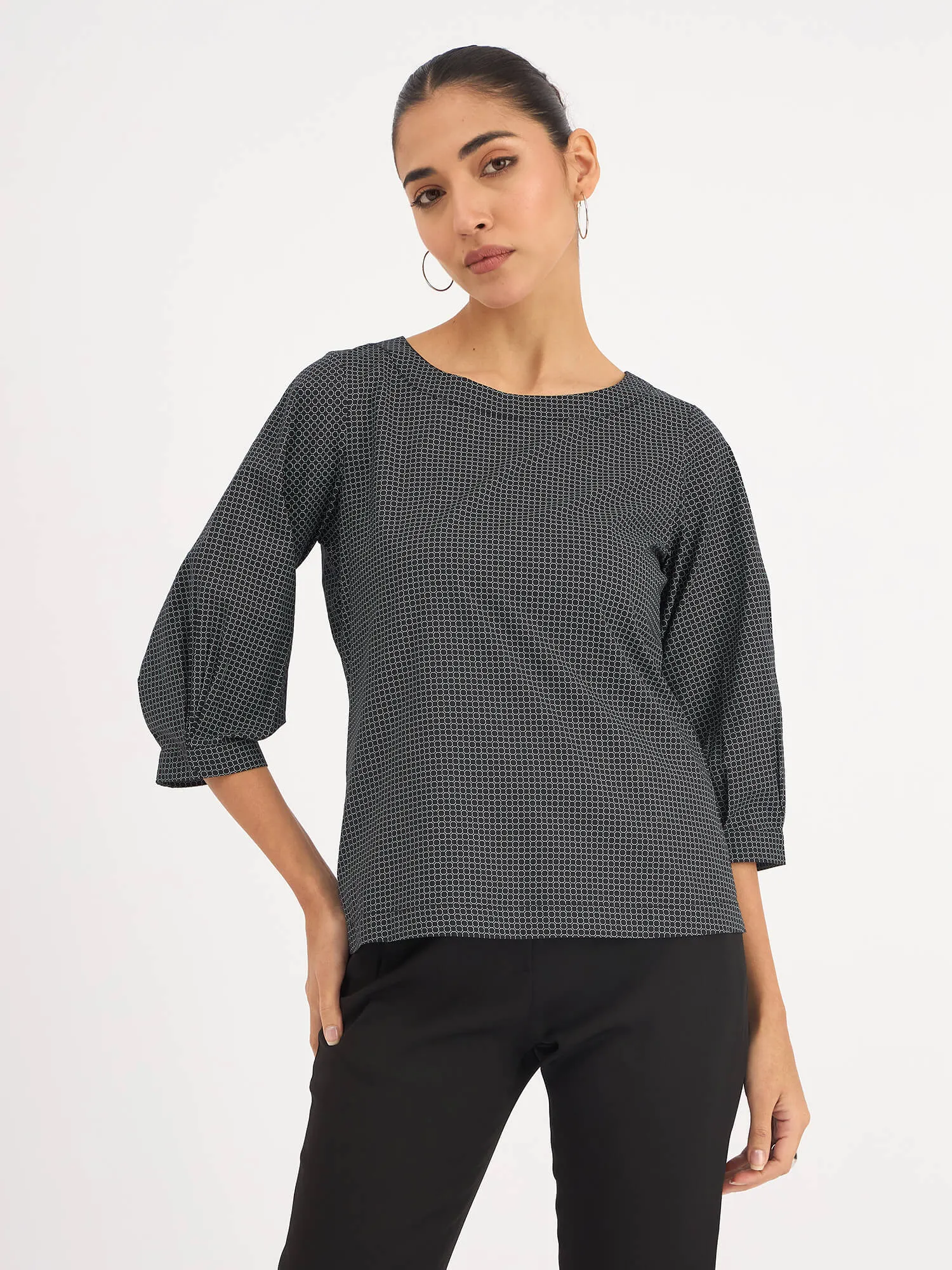 Nectarine Puffed Sleeves Top - Black Geo sold by Salt Attire