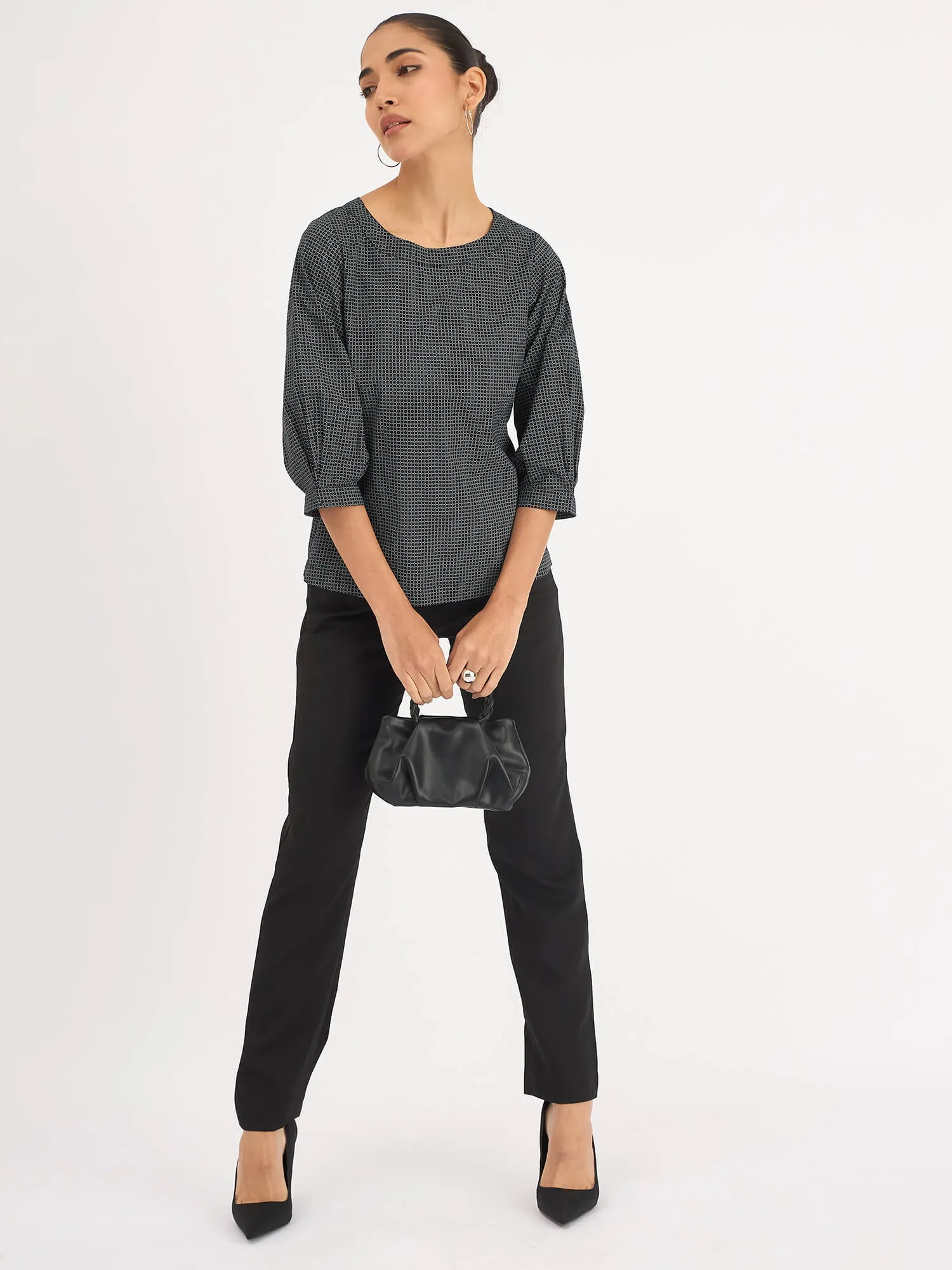 Nectarine Puffed Sleeves Top - Black Geo sold by Salt Attire product image thumbnail 5