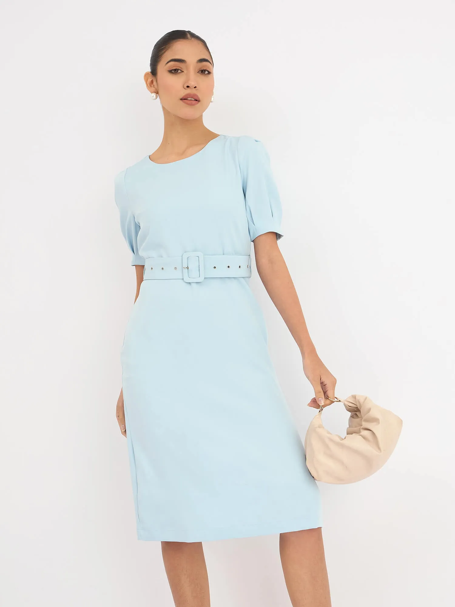 Amy Belted A-Line Dress - Blue sold by Salt Attire