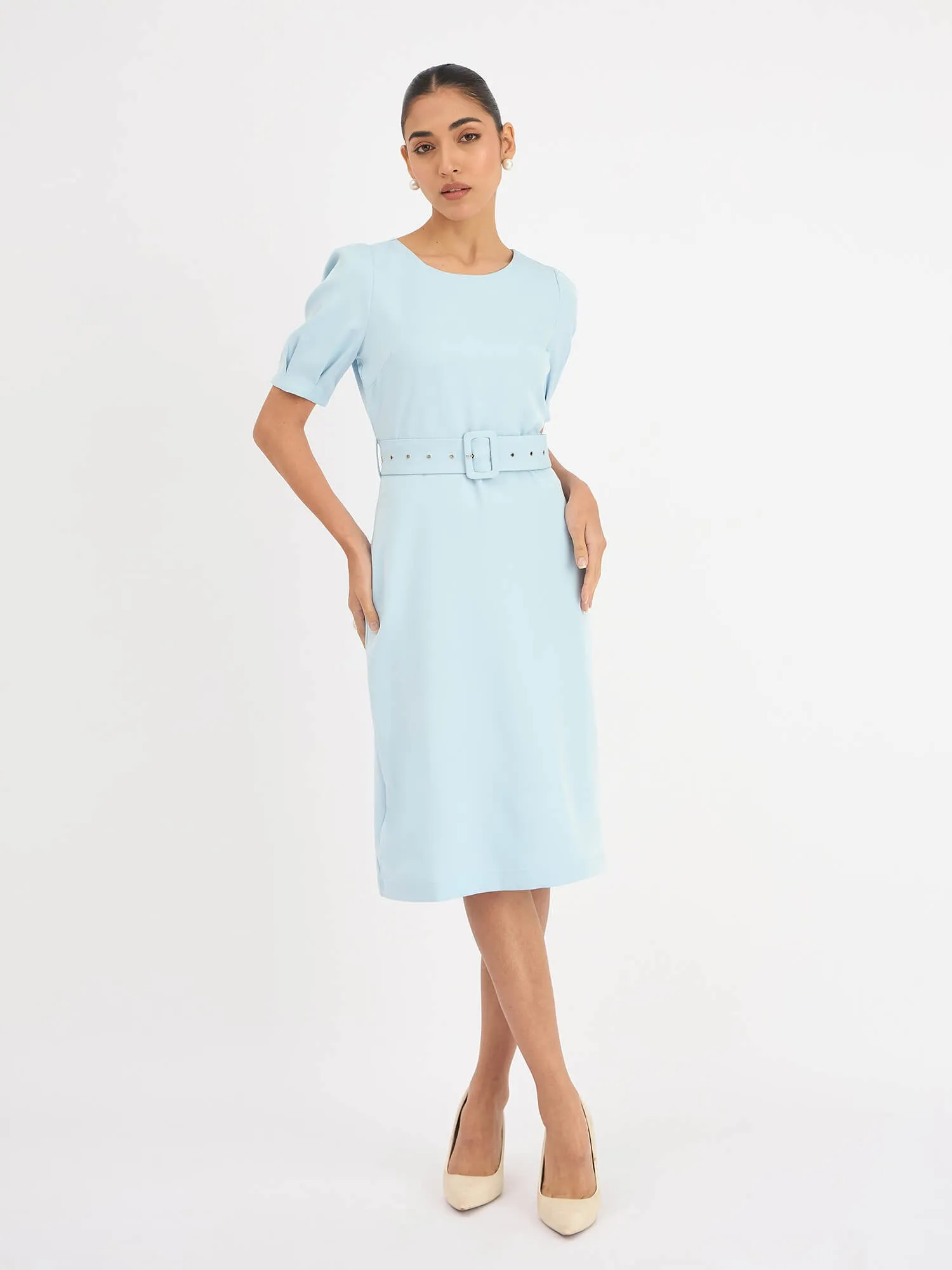 Amy Belted A-Line Dress - Blue sold by Salt Attire product image thumbnail 5
