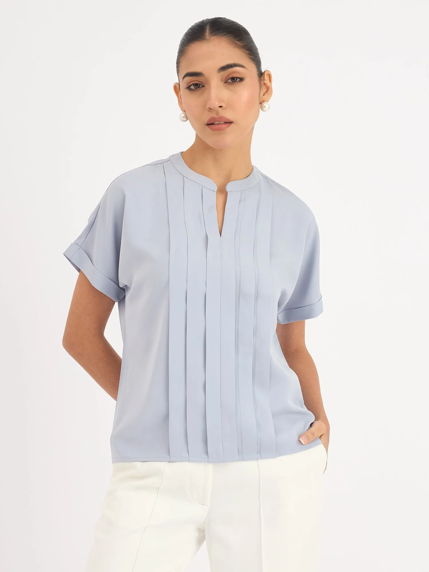Mulled Wine Pleated Top - Dusty Blue sold by Salt Attire