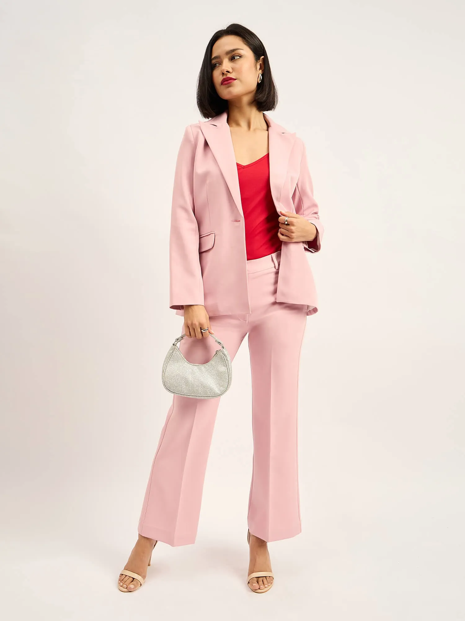 Beloved Single Breasted Blazer with Boot cut Pant Suit Set - Blush Pink sold by Salt Attire