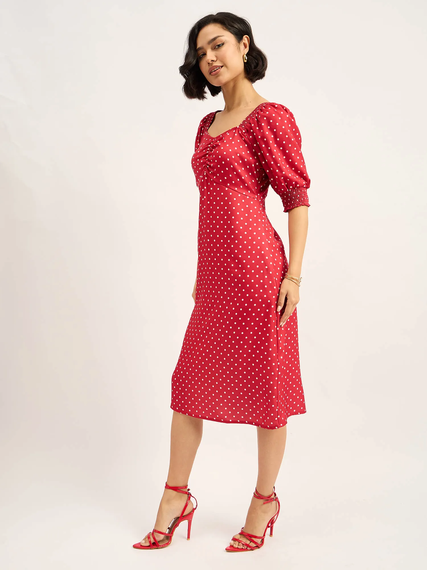Rosso Polka Ruched Dress - Red sold by Salt Attire product image thumbnail 4