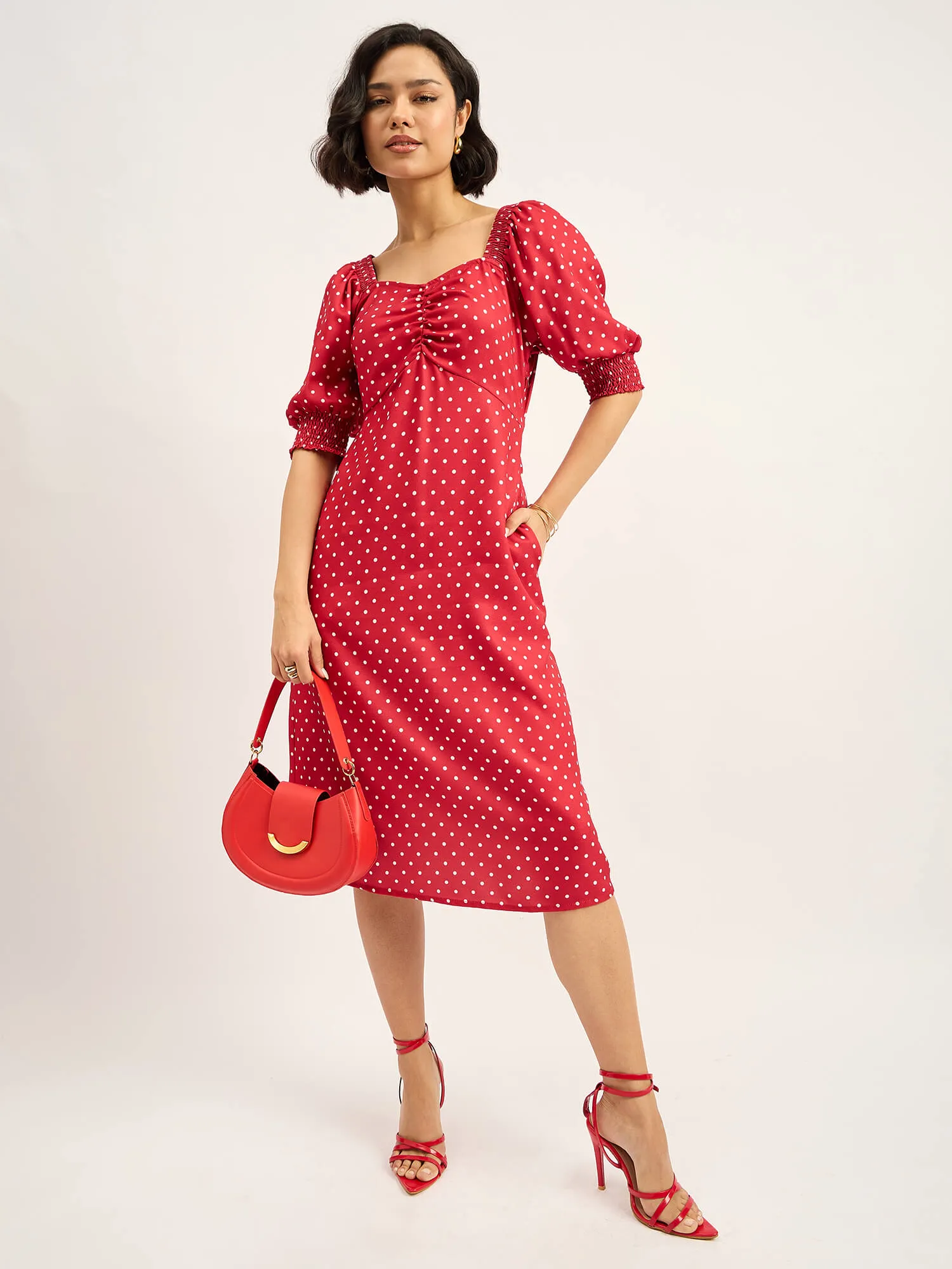 Rosso Polka Ruched Dress - Red sold by Salt Attire