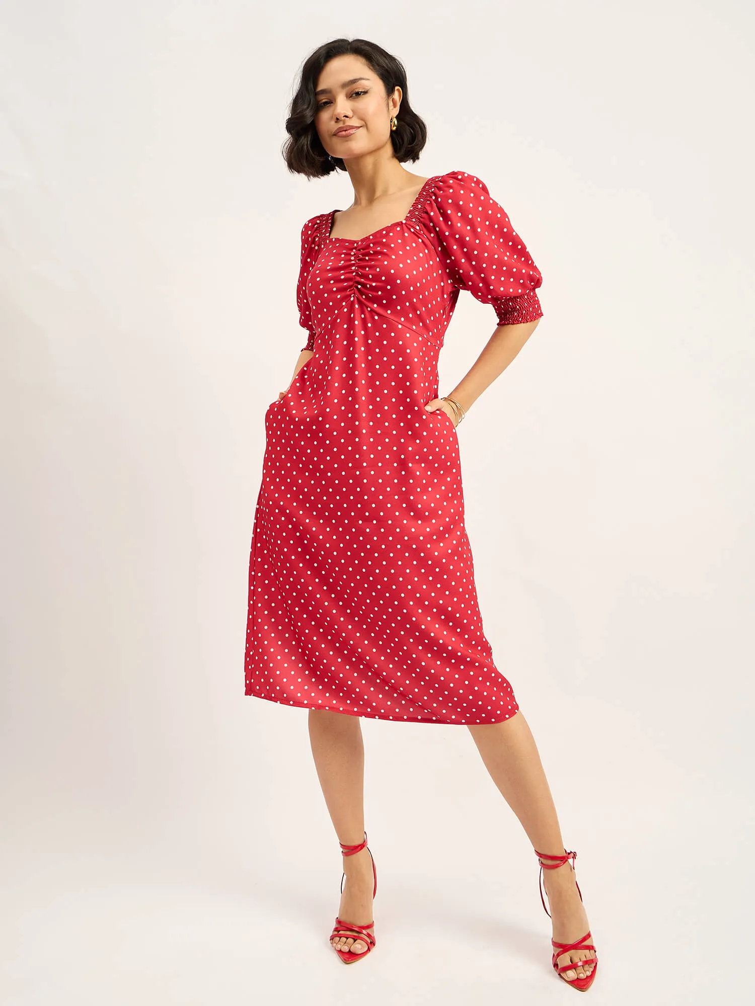 Rosso Polka Ruched Dress - Red sold by Salt Attire product image thumbnail 5