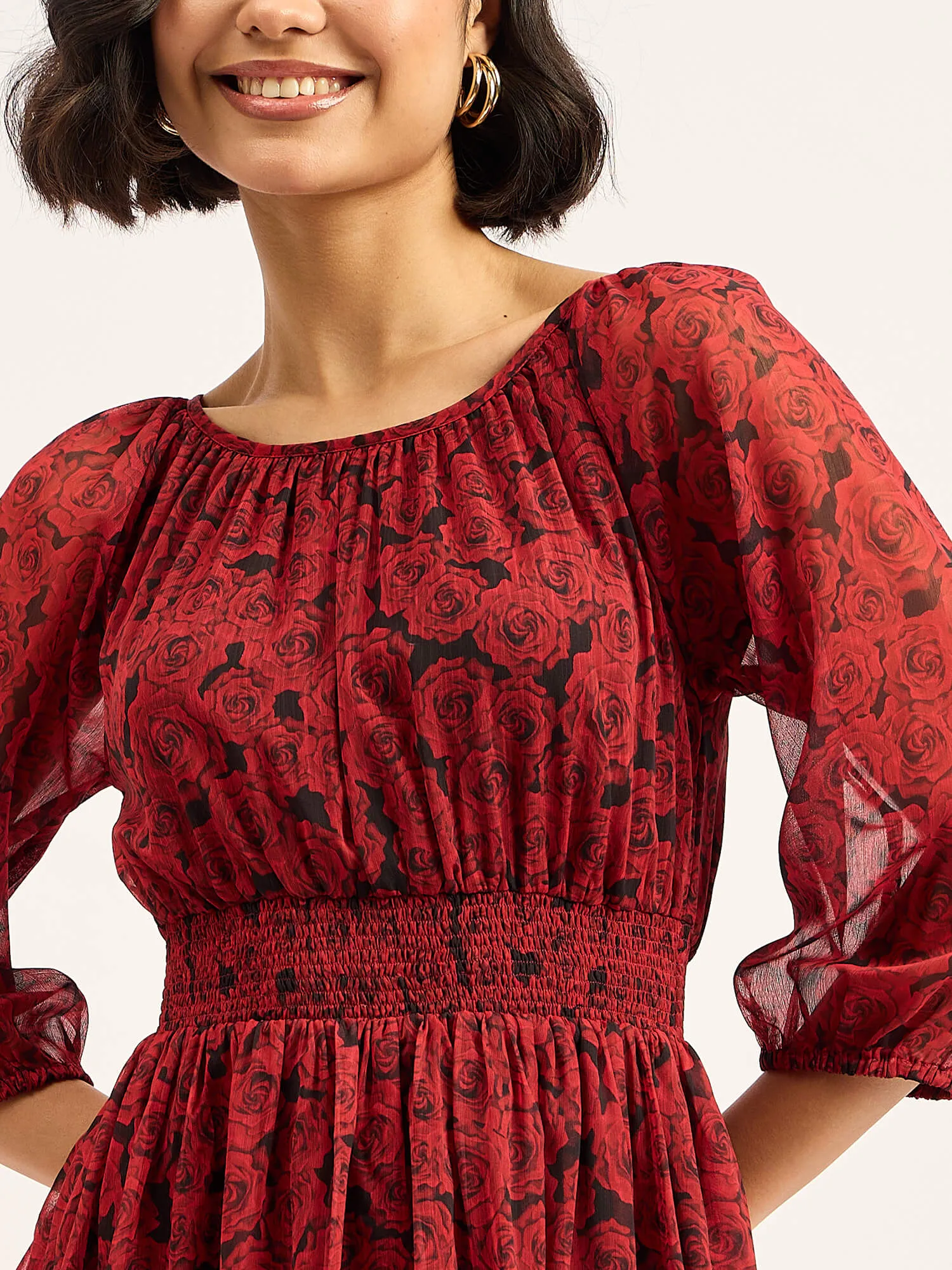 Rosae Smocked Flared Dress - Red & Black sold by Salt Attire product image thumbnail 3