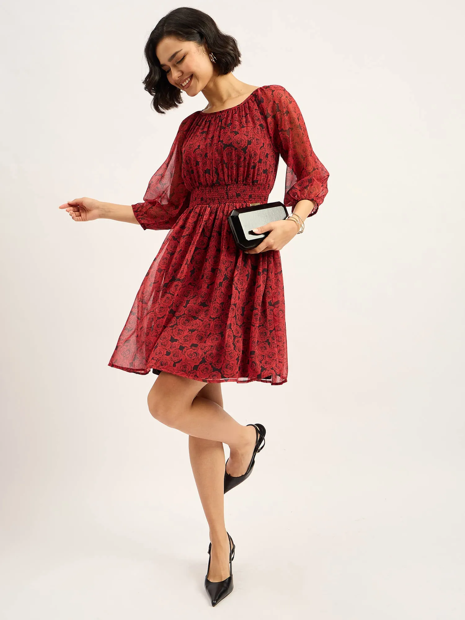 Rosae Smocked Flared Dress - Red & Black sold by Salt Attire