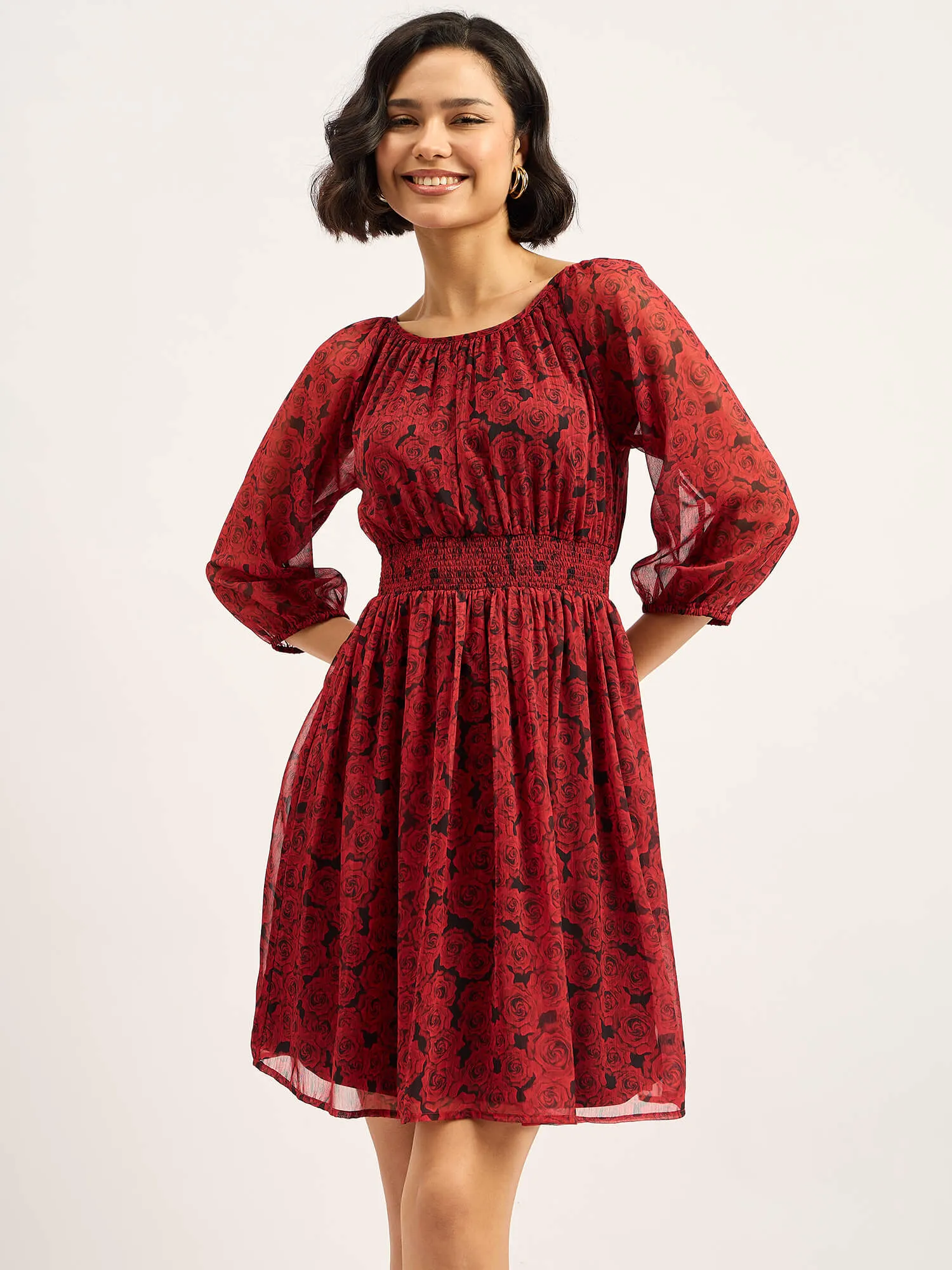 Rosae Smocked Flared Dress - Red & Black sold by Salt Attire product image thumbnail 5