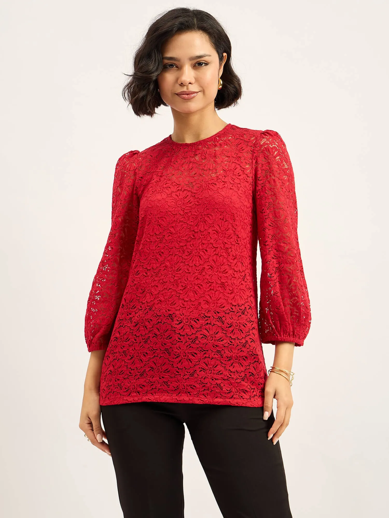 Lacy Puff-Sleeve Top - Red sold by Salt Attire product image thumbnail 5
