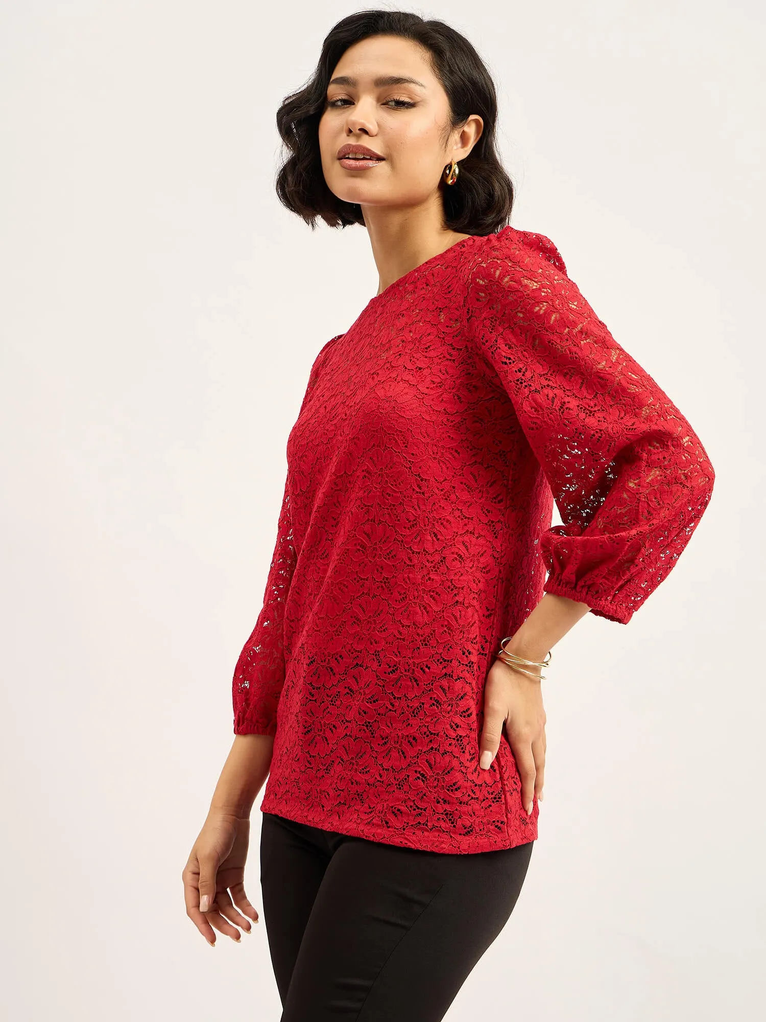 Lacy Puff-Sleeve Top - Red sold by Salt Attire product image thumbnail 4