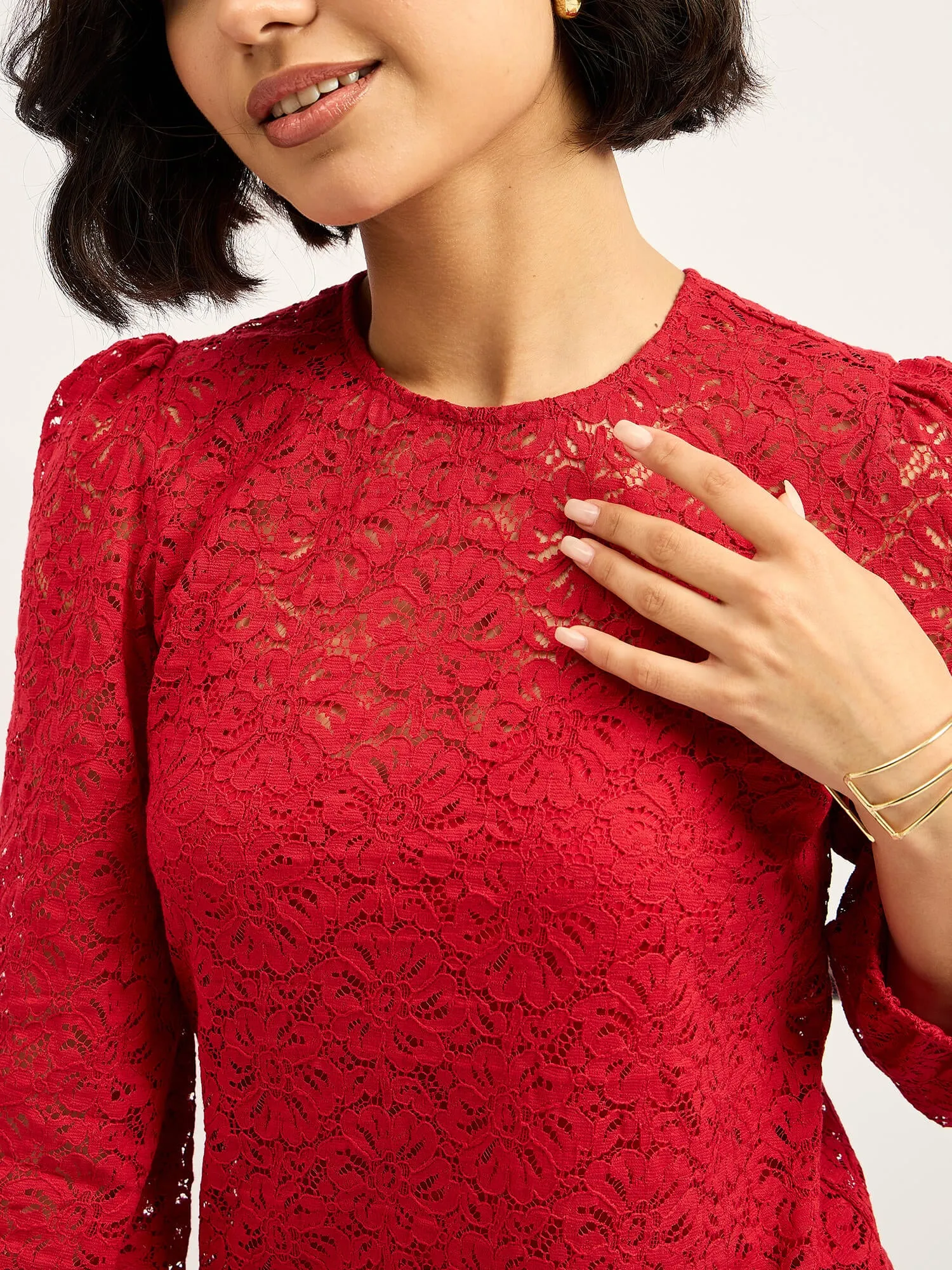 Lacy Puff-Sleeve Top - Red sold by Salt Attire product image thumbnail 2
