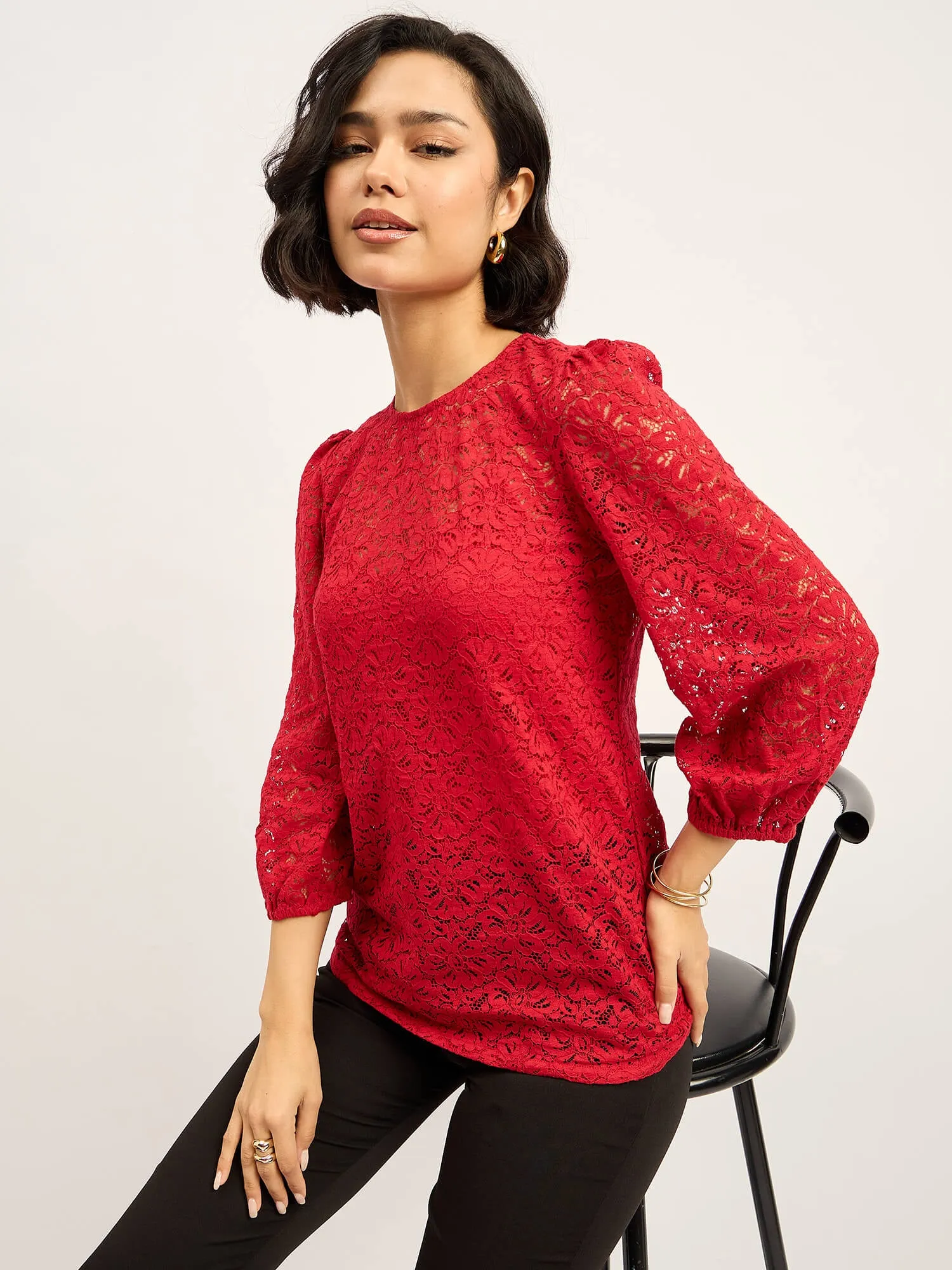 Lacy Puff-Sleeve Top - Red sold by Salt Attire product image thumbnail 3