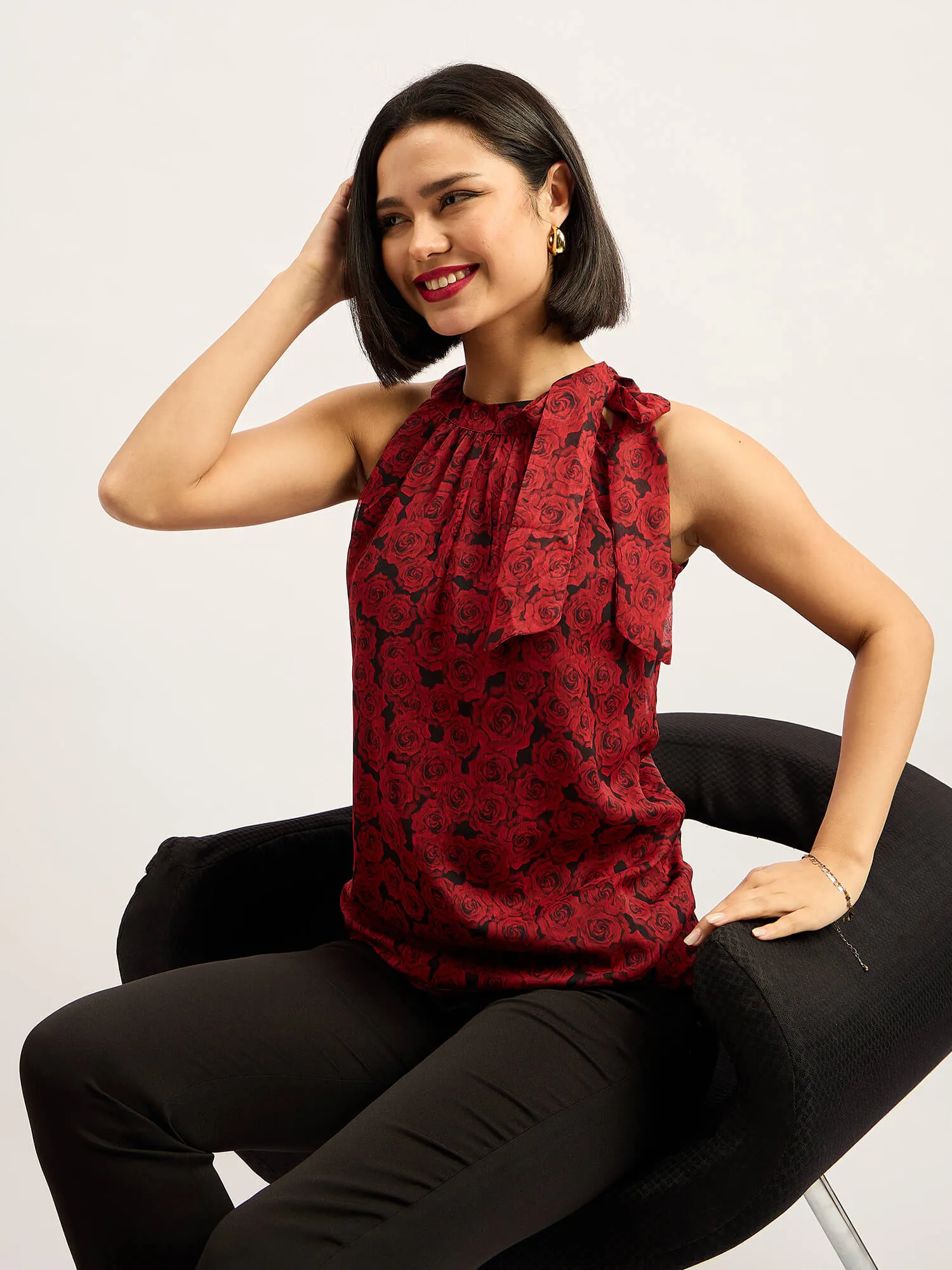 Glimmer Halter Neck Tie up Top - Red & Black sold by Salt Attire product image thumbnail 3