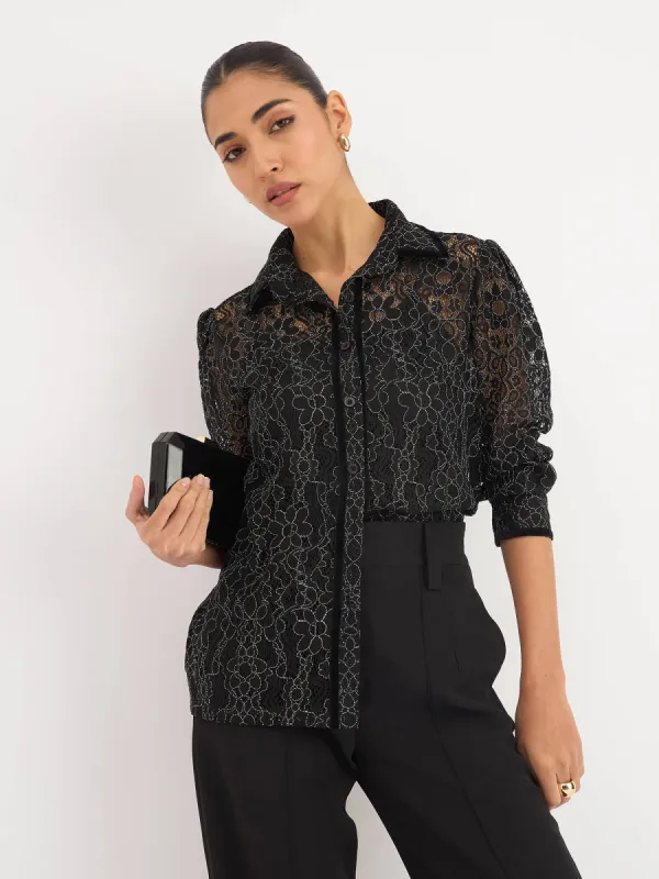 Delphine Trim Detail Lace Shirt - Black sold by Salt Attire