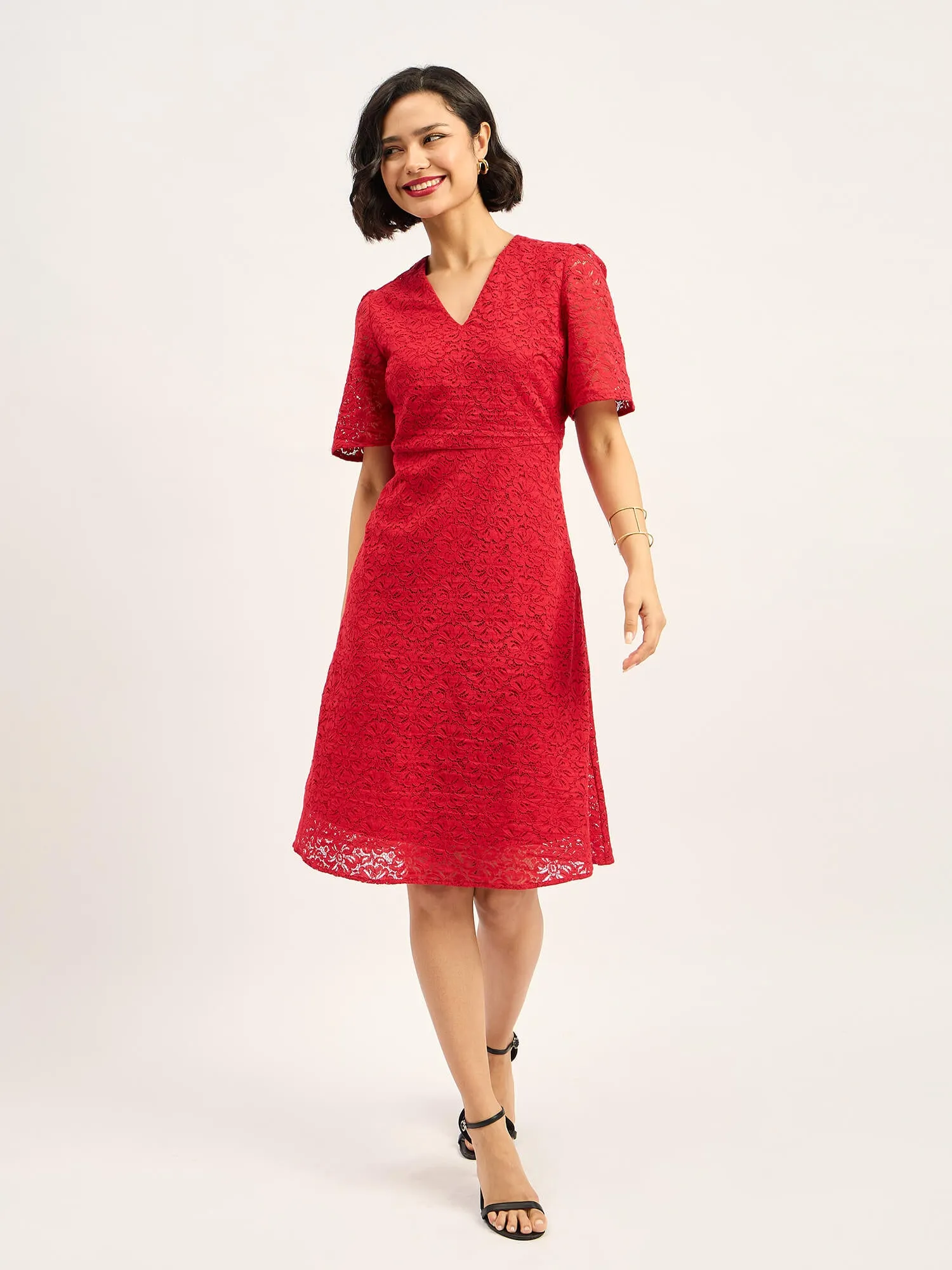 Delicate V Neck Fit And Flare Dress - Red sold by Salt Attire product image thumbnail 3