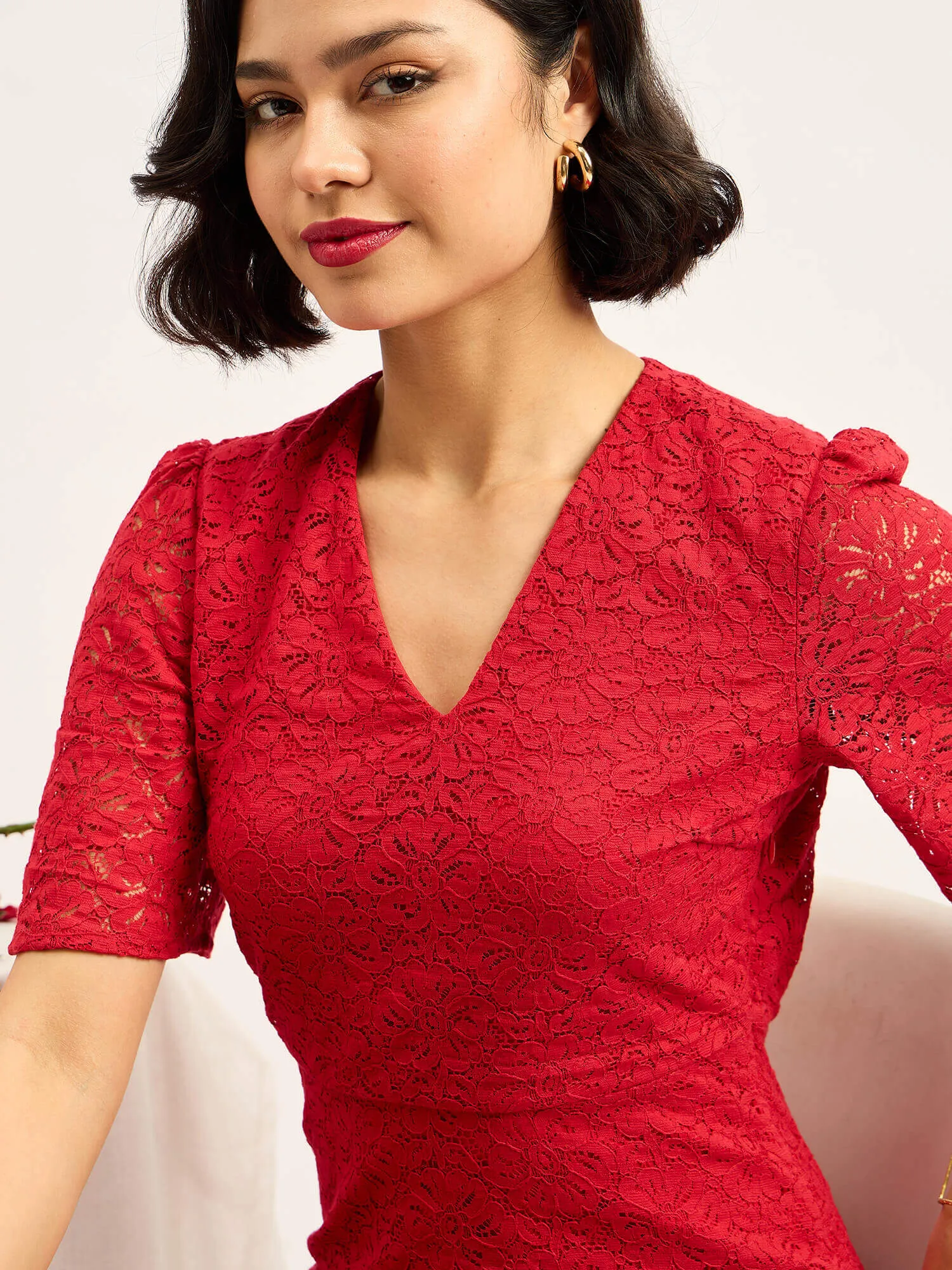 Delicate V Neck Fit And Flare Dress - Red sold by Salt Attire product image thumbnail 5