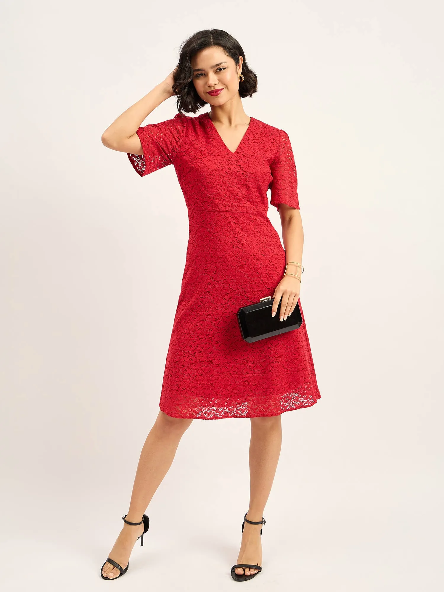 Delicate V Neck Fit And Flare Dress - Red sold by Salt Attire