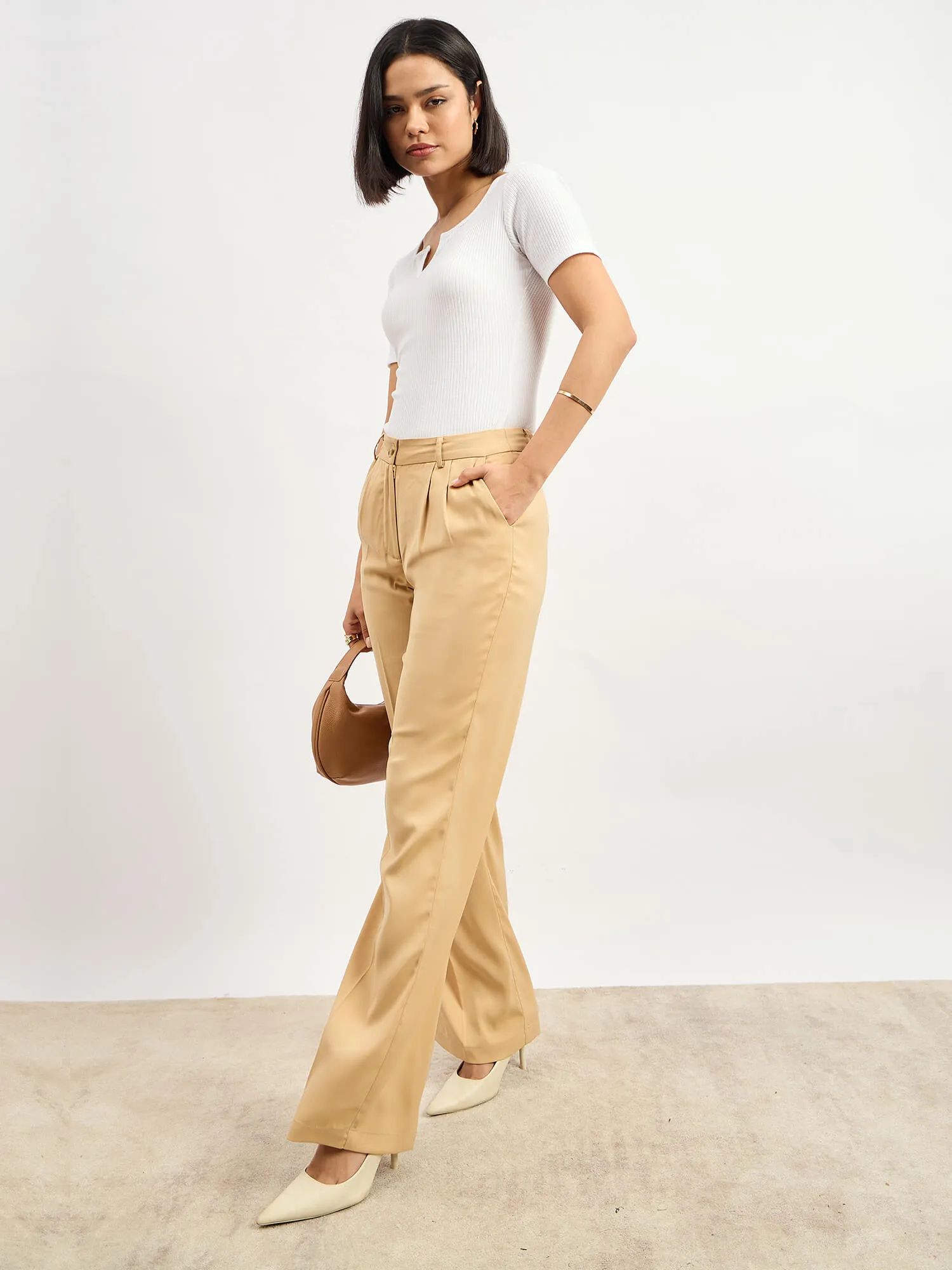 Sway Mid Rise Pleated Front Pants - Beige sold by Salt Attire