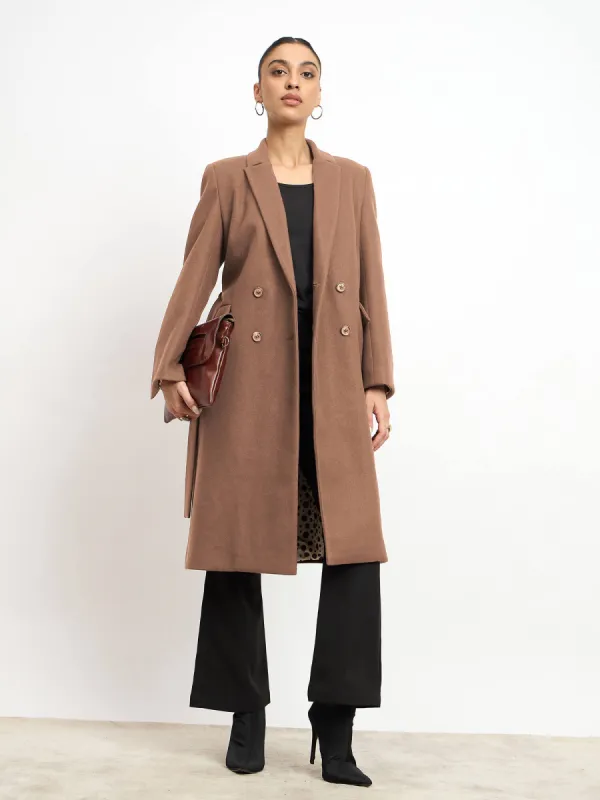 Nevara Double Breasted Longline Belted Coat - Caramel sold by Salt Attire