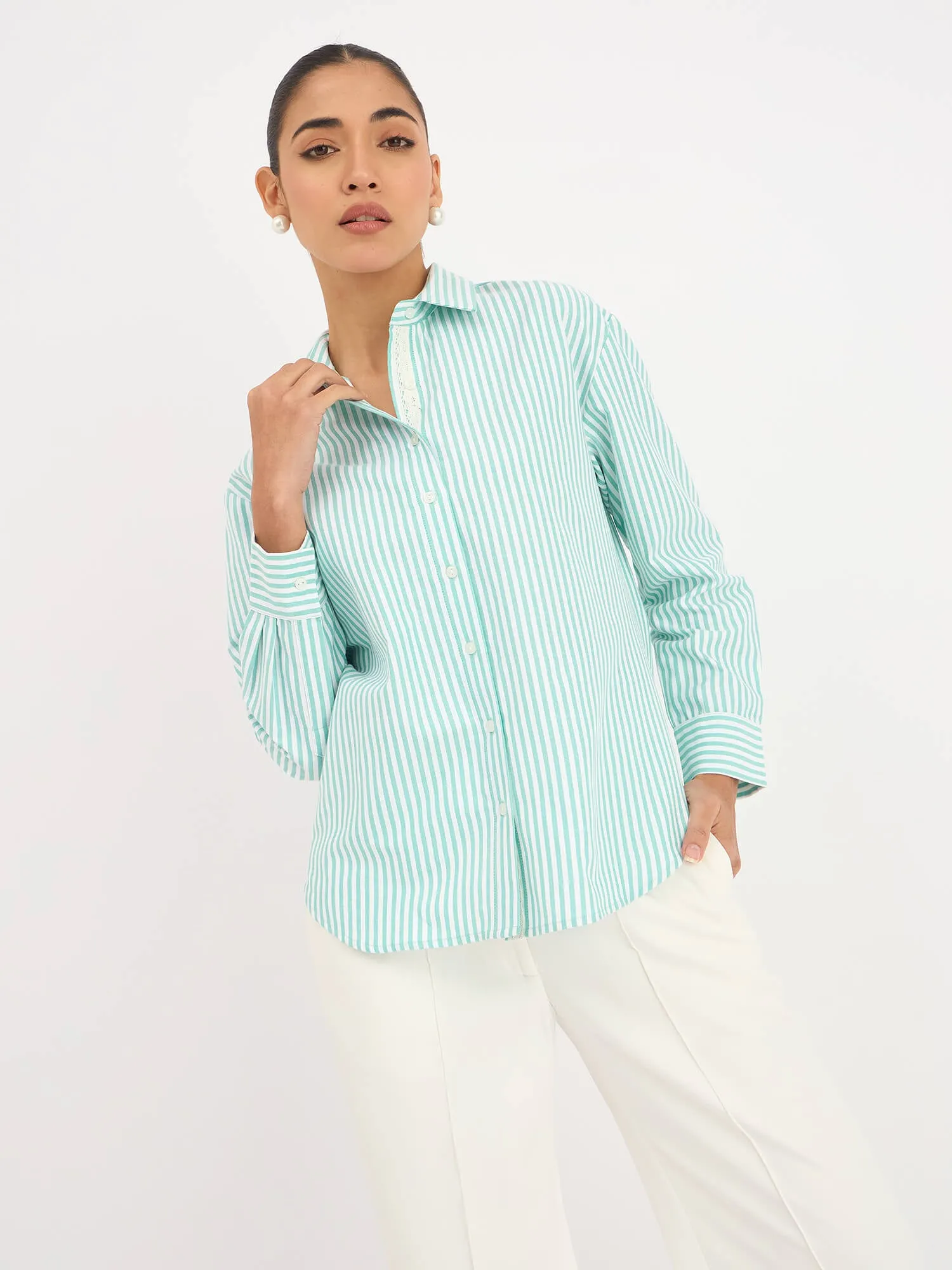 Mariner Striped Shirt With Lace Detail - Mint Green sold by Salt Attire