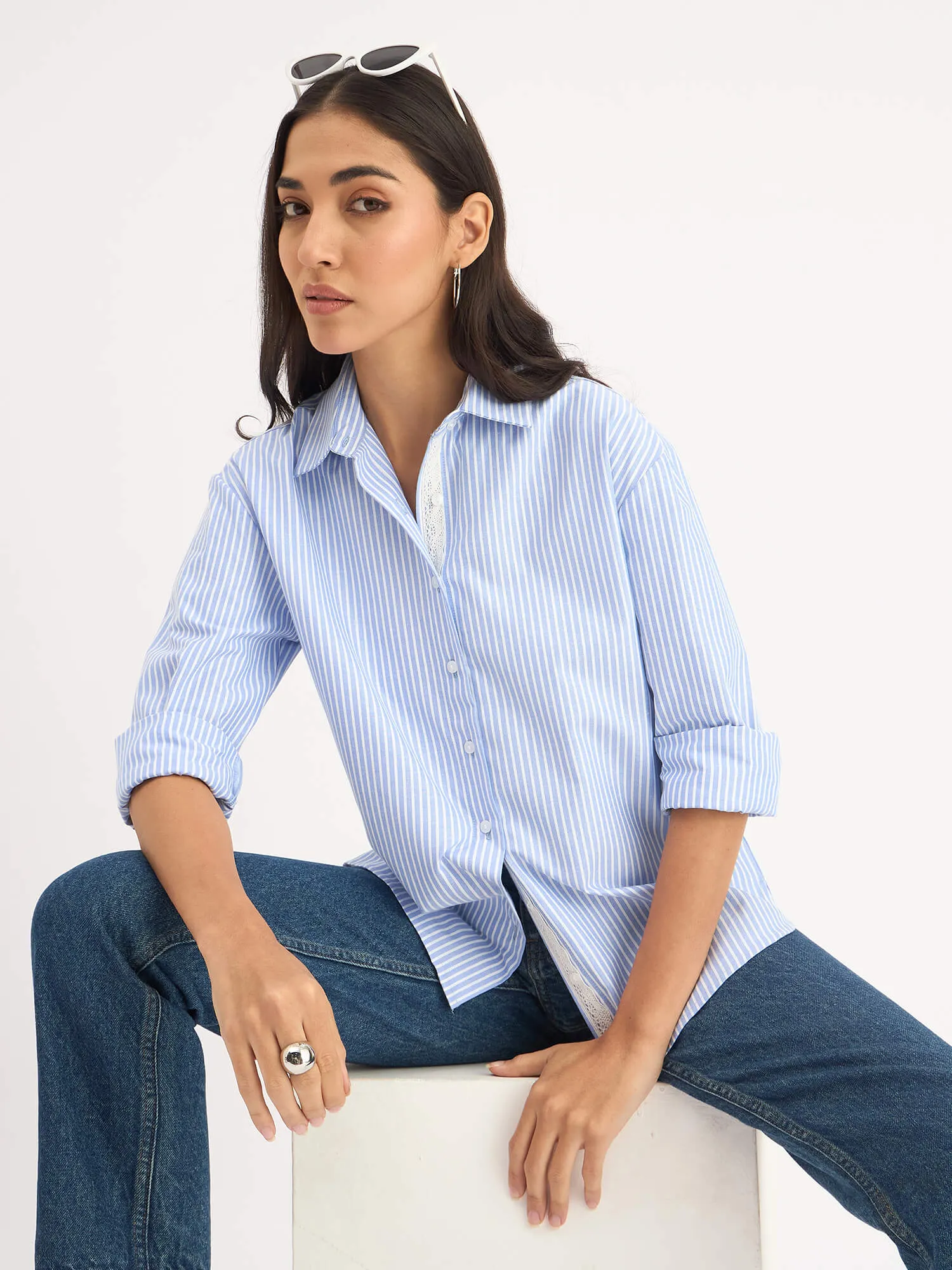 Mariner Striped Shirt With Lace Detail - True Blue sold by Salt Attire product image thumbnail 3