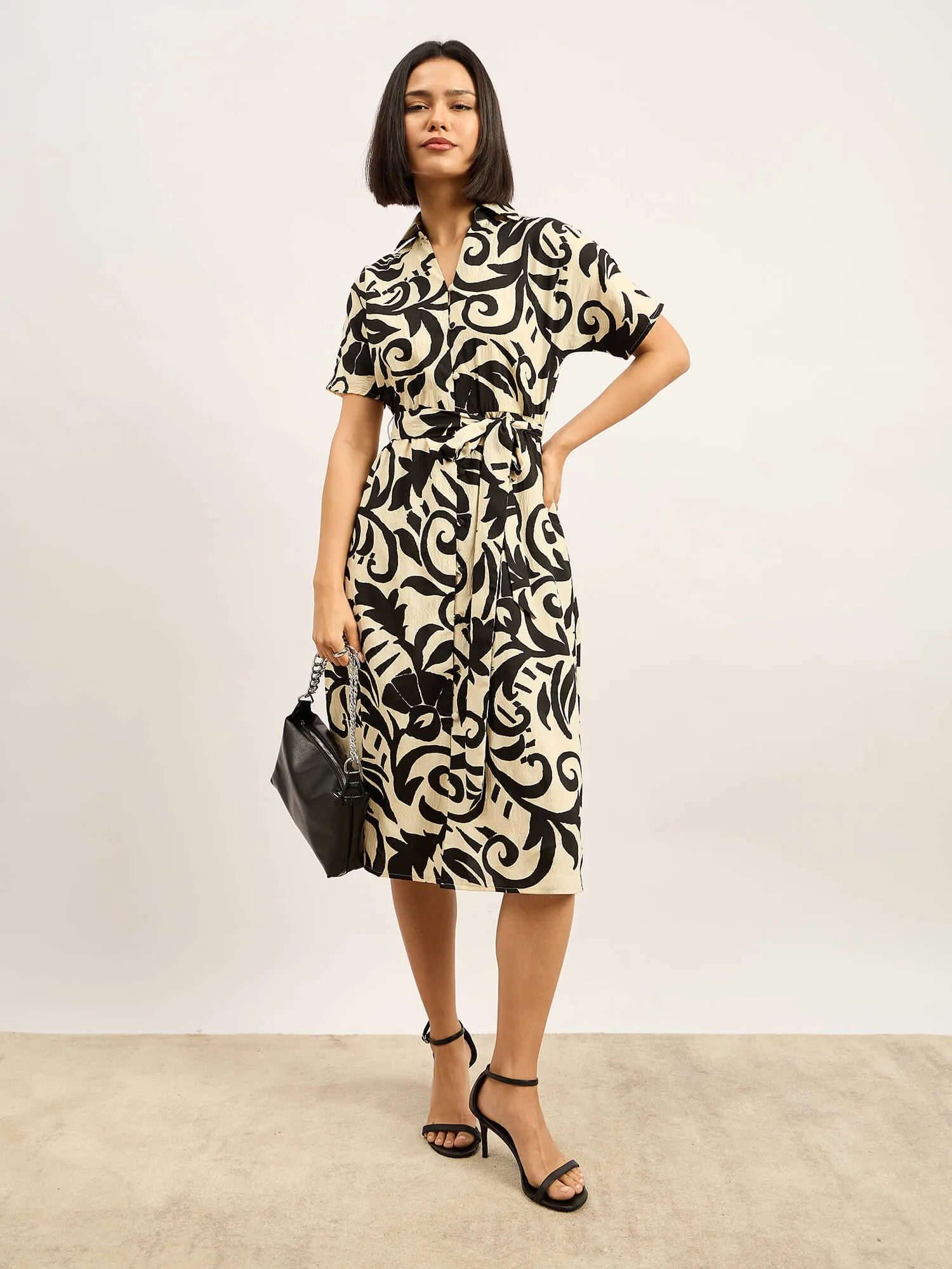 Melski Dolman Sleeve Shirt Dress - Ecru & Black sold by Salt Attire