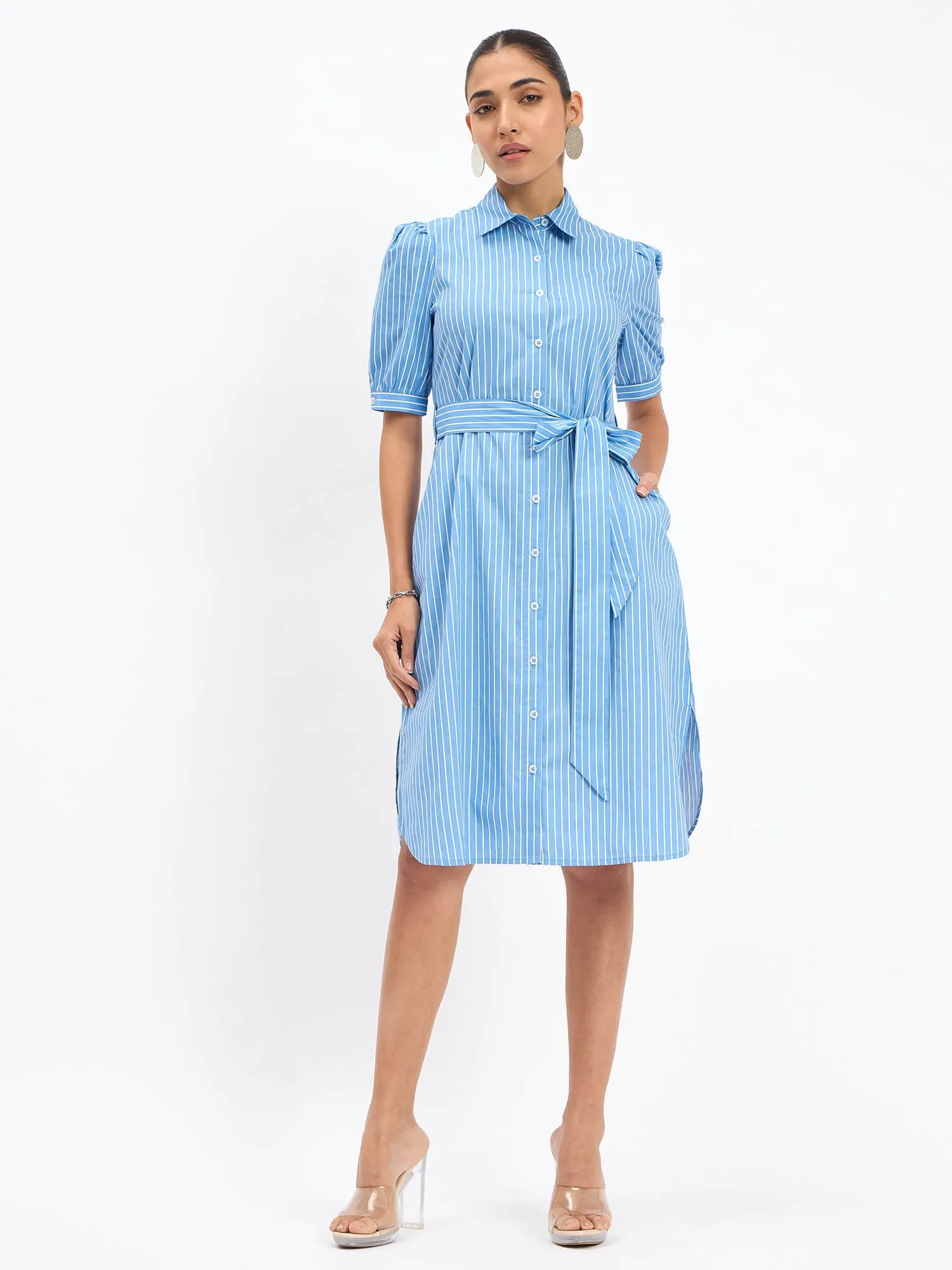 Bolt Puff Sleeve Shirt Dress - Blue Stripes sold by Salt Attire product image thumbnail 2