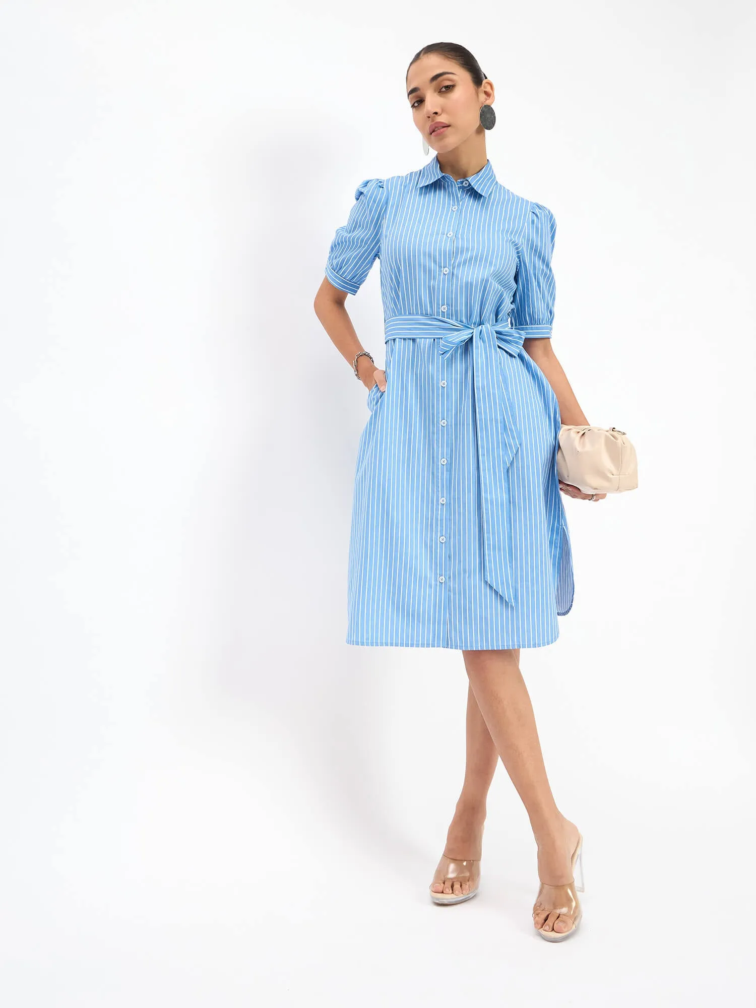 Bolt Puff Sleeve Shirt Dress - Blue Stripes sold by Salt Attire