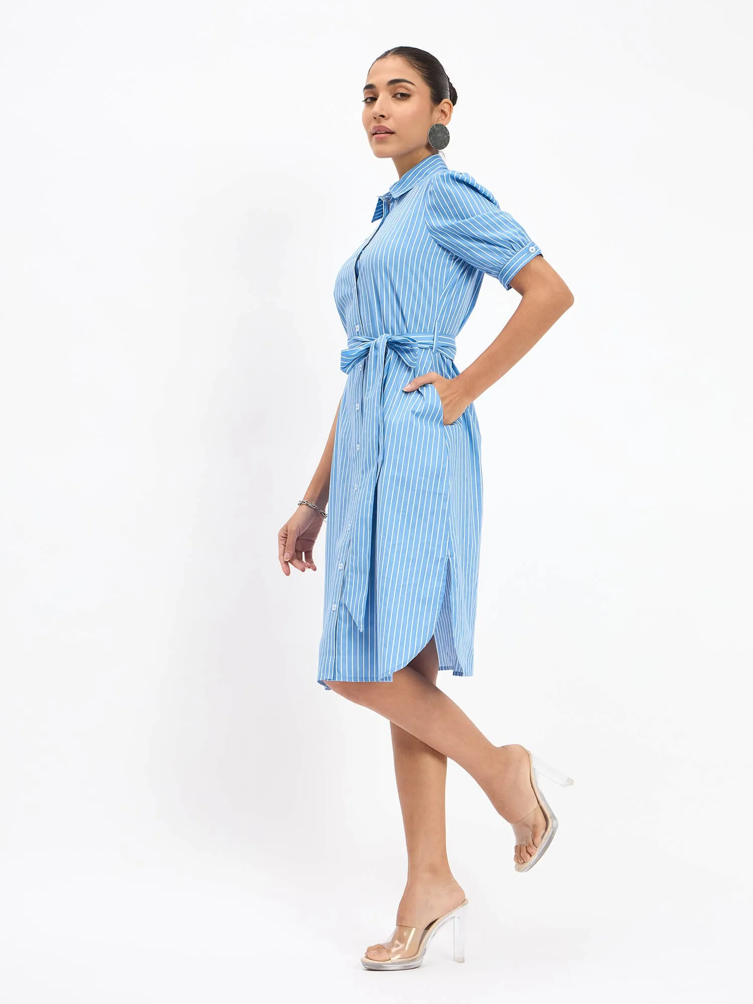 Bolt Puff Sleeve Shirt Dress - Blue Stripes sold by Salt Attire product image thumbnail 5