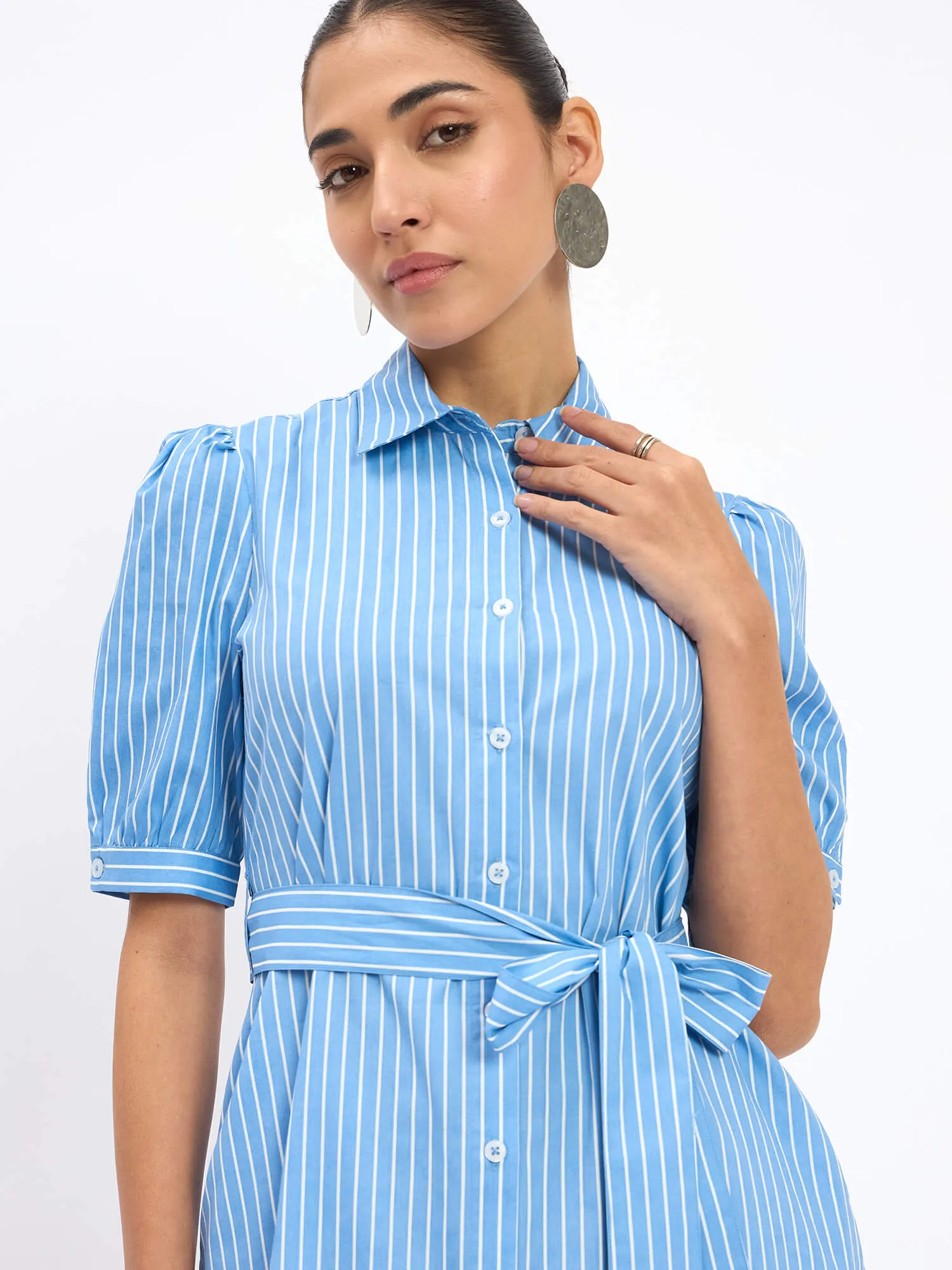 Bolt Puff Sleeve Shirt Dress - Blue Stripes sold by Salt Attire product image thumbnail 3